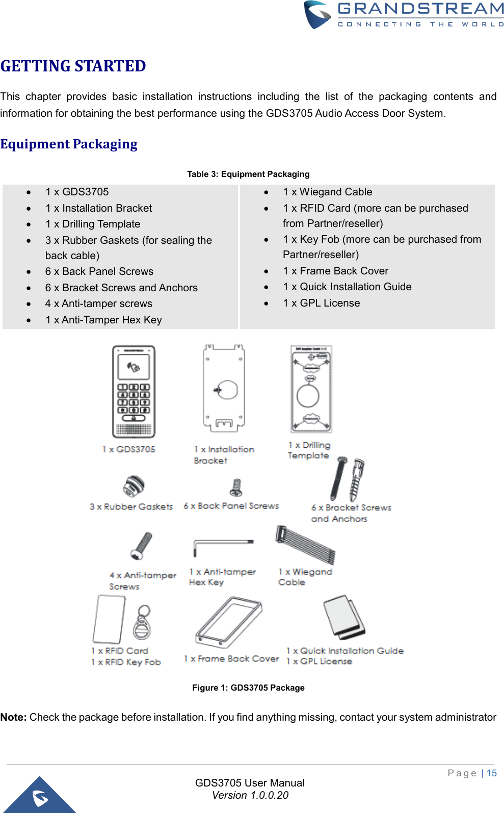                                                                         P a g e  | 15  GDS3705 User Manual Version 1.0.0.20 GETTING STARTED This  chapter  provides  basic  installation  instructions  including  the  list  of  the  packaging  contents  and information for obtaining the best performance using the GDS3705 Audio Access Door System. Equipment Packaging Table 3: Equipment Packaging • 1 x GDS3705  • 1 x Installation Bracket • 1 x Drilling Template • 3 x Rubber Gaskets (for sealing the back cable) • 6 x Back Panel Screws • 6 x Bracket Screws and Anchors • 4 x Anti-tamper screws • 1 x Anti-Tamper Hex Key • 1 x Wiegand Cable • 1 x RFID Card (more can be purchased from Partner/reseller) • 1 x Key Fob (more can be purchased from Partner/reseller) • 1 x Frame Back Cover • 1 x Quick Installation Guide • 1 x GPL License  Figure 1: GDS3705 Package Note: Check the package before installation. If you find anything missing, contact your system administrator 