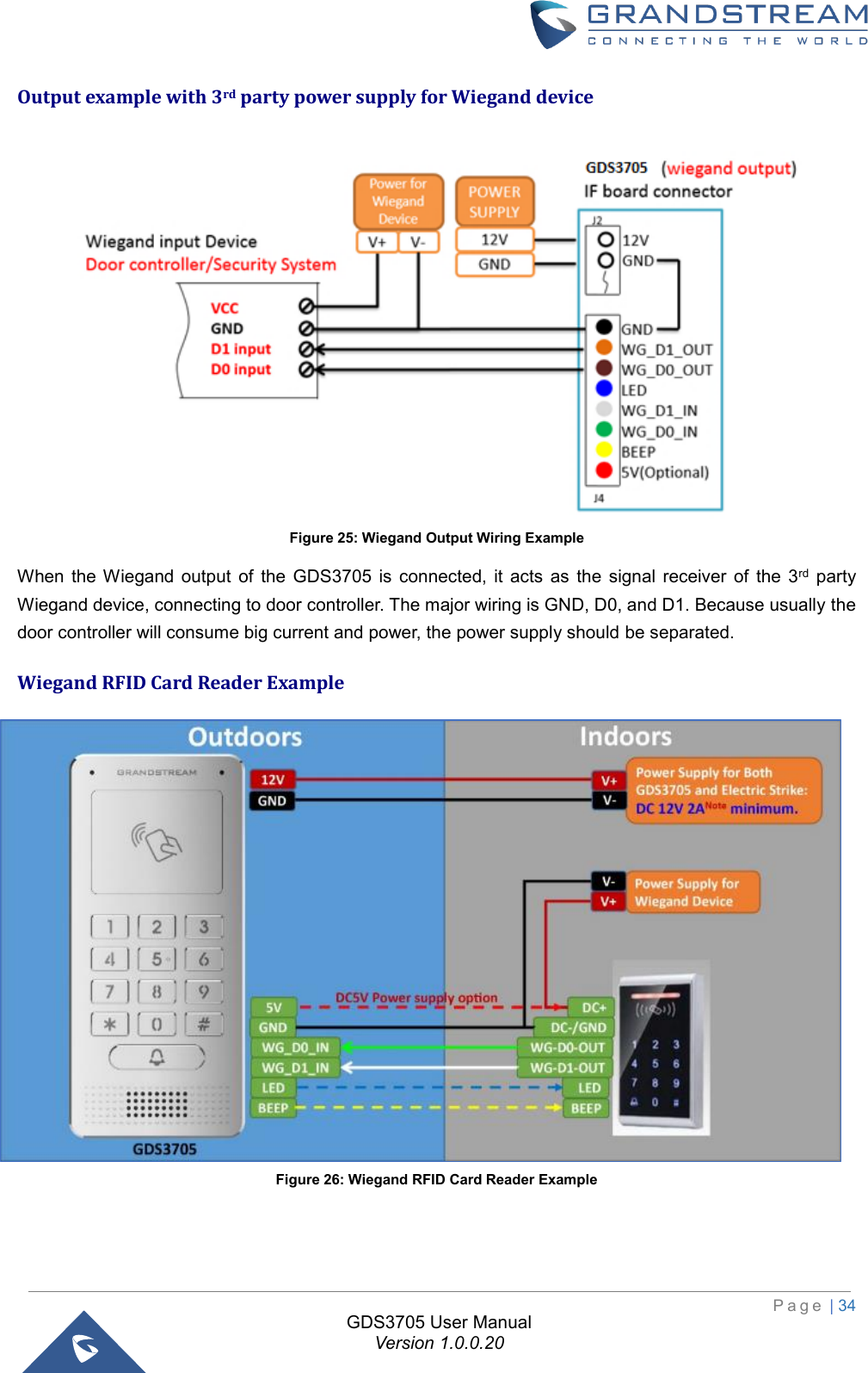                                                                         P a g e  | 34  GDS3705 User Manual Version 1.0.0.20 Output example with 3rd party power supply for Wiegand device  Figure 25: Wiegand Output Wiring Example When the  Wiegand  output  of  the  GDS3705  is  connected,  it  acts  as  the  signal  receiver  of  the  3rd  party Wiegand device, connecting to door controller. The major wiring is GND, D0, and D1. Because usually the door controller will consume big current and power, the power supply should be separated. Wiegand RFID Card Reader Example  Figure 26: Wiegand RFID Card Reader Example 