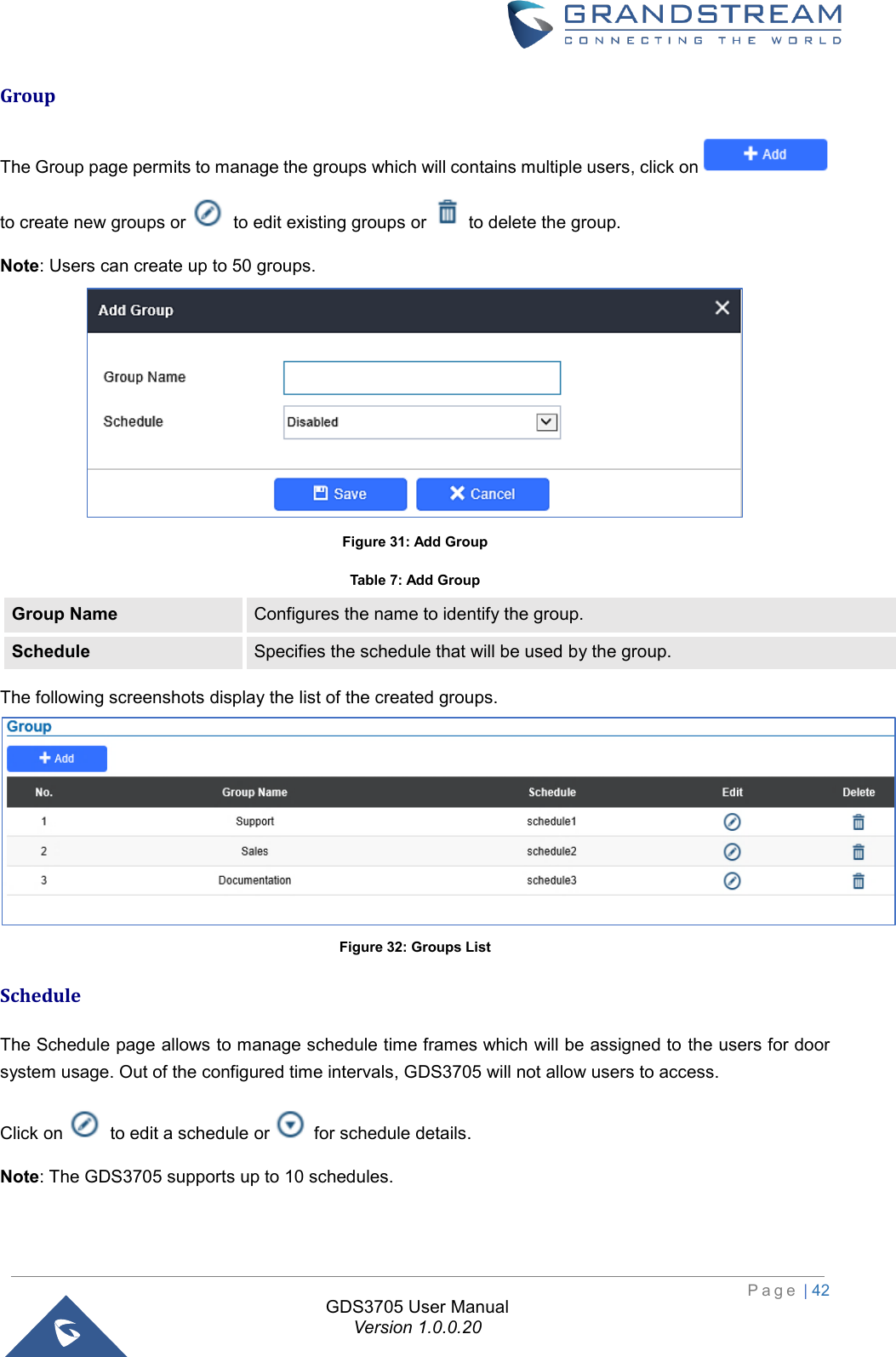                                                                         P a g e  | 42  GDS3705 User Manual Version 1.0.0.20 Group The Group page permits to manage the groups which will contains multiple users, click on   to create new groups or   to edit existing groups or  to delete the group.  Note: Users can create up to 50 groups.   Figure 31: Add Group Table 7: Add Group Group Name Configures the name to identify the group. Schedule Specifies the schedule that will be used by the group. The following screenshots display the list of the created groups.  Figure 32: Groups List Schedule The Schedule page allows to manage schedule time frames which will be assigned to the users for door system usage. Out of the configured time intervals, GDS3705 will not allow users to access.  Click on   to edit a schedule or   for schedule details.  Note: The GDS3705 supports up to 10 schedules. 