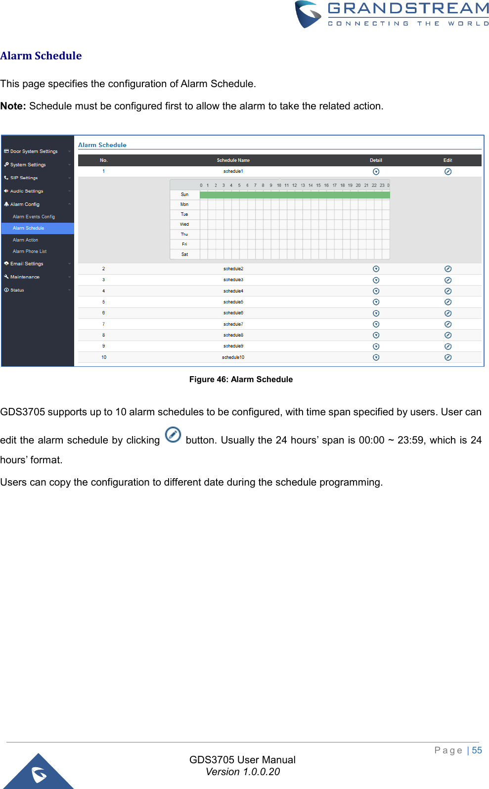                                                                         P a g e  | 55  GDS3705 User Manual Version 1.0.0.20 Alarm Schedule This page specifies the configuration of Alarm Schedule.  Note: Schedule must be configured first to allow the alarm to take the related action.   Figure 46: Alarm Schedule  GDS3705 supports up to 10 alarm schedules to be configured, with time span specified by users. User can edit the alarm schedule by clicking   button. Usually the 24 hours’ span is 00:00 ~ 23:59, which is 24 hours’ format.  Users can copy the configuration to different date during the schedule programming. 