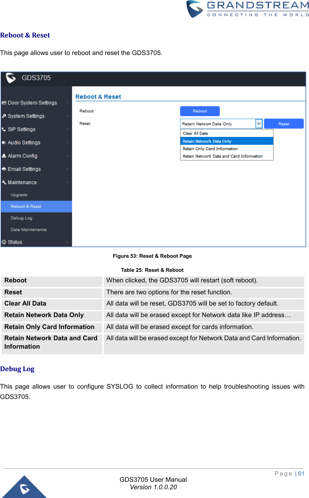                                                                         P a g e  | 61  GDS3705 User Manual Version 1.0.0.20 Reboot &amp; Reset This page allows user to reboot and reset the GDS3705.   Figure 53: Reset &amp; Reboot Page Table 25: Reset &amp; Reboot Reboot When clicked, the GDS3705 will restart (soft reboot).  Reset There are two options for the reset function. Clear All Data All data will be reset, GDS3705 will be set to factory default. Retain Network Data Only All data will be erased except for Network data like IP address… Retain Only Card Information All data will be erased except for cards information. Retain Network Data and Card Information All data will be erased except for Network Data and Card Information. Debug Log This  page  allows  user  to  configure  SYSLOG  to  collect  information  to  help  troubleshooting  issues  with GDS3705. 