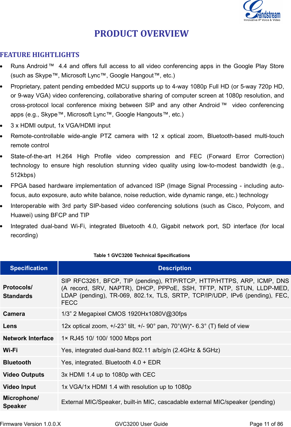 Firmware Version 1.0.0.XGVC3200 User GuidePage 11 of 86PRODUCT OVERVIEWFEATURE HIGHTLIGHTSRuns Android ™ 4.4 and offers full access to all video conferencing apps in the Google Play Store(such as Skype™, Microsoft Lync™, Google Hangout™, etc.)Proprietary, patent pending embedded MCU supports up to 4-way 1080p Full HD (or 5-way 720p HD,or 9-way VGA) video conferencing, collaborative sharing of computer screen at 1080p resolution, andcross-protocol local conference mixing between SIP and any other Android ™ video conferencingapps (e.g., Skype™, Microsoft Lync™, Google Hangouts™, etc.)3 x HDMI output, 1x VGA/HDMI inputRemote-controllable wide-angle PTZ camera with 12 x optical zoom, Bluetooth-based multi-touchremote controlState-of-the-art H.264 High Profile video compression and FEC (Forward Error Correction)technology to ensure high resolution stunning video quality using low-to-modest bandwidth (e.g.,512kbps)FPGA based hardware implementation of advanced ISP (Image Signal Processing - including auto-focus, auto exposure, auto white balance, noise reduction, wide dynamic range, etc.) technologyInteroperable with 3rd party SIP-based video conferencing solutions (such as Cisco, Polycom, andHuawei) using BFCP and TIPIntegrated dual-band Wi-Fi, integrated Bluetooth 4.0, Gigabit network port, SD interface (for localrecording)Table 1 GVC3200 Technical SpecificationsSpecificationDescriptionProtocols/StandardsSIP RFC3261, BFCP, TIP (pending), RTP/RTCP, HTTP/HTTPS, ARP, ICMP, DNS(A record, SRV, NAPTR), DHCP, PPPoE, SSH, TFTP, NTP, STUN, LLDP-MED,LDAP (pending), TR-069, 802.1x, TLS, SRTP, TCP/IP/UDP, IPv6 (pending), FEC,FECCCamera1/3” 2 Megapixel CMOS 1920Hx1080V@30fpsLens12x optical zoom, +/-23° tilt, +/- 90° pan, 70°(W)*- 6.3° (T) field of viewNetwork Interface1× RJ45 10/ 100/ 1000 Mbps portWi-FiYes, integrated dual-band 802.11 a/b/g/n (2.4GHz &amp; 5GHz)BluetoothYes, integrated. Bluetooth 4.0 + EDRVideo Outputs3x HDMI 1.4 up to 1080p with CECVideo Input1x VGA/1x HDMI 1.4 with resolution up to 1080pMicrophone/SpeakerExternal MIC/Speaker, built-in MIC, cascadable external MIC/speaker (pending)