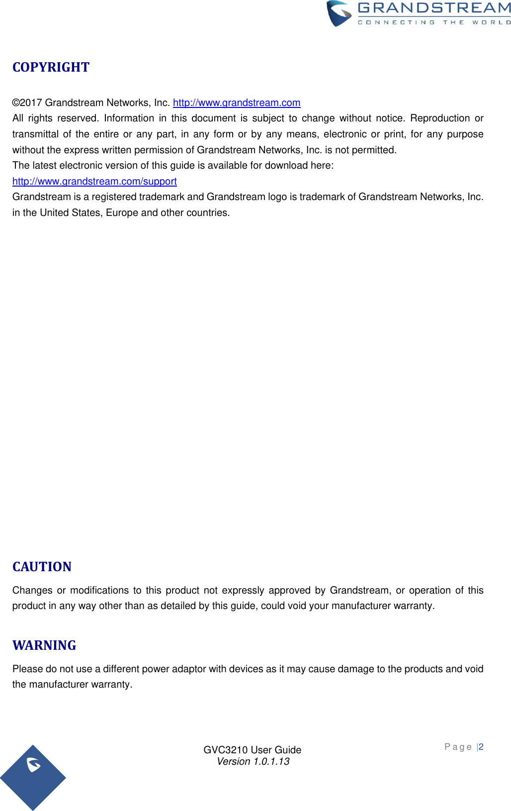 Page 2 of Grandstream Networks GVC3210RMT Bluetooth Remote Control User Manual   NEW 1213