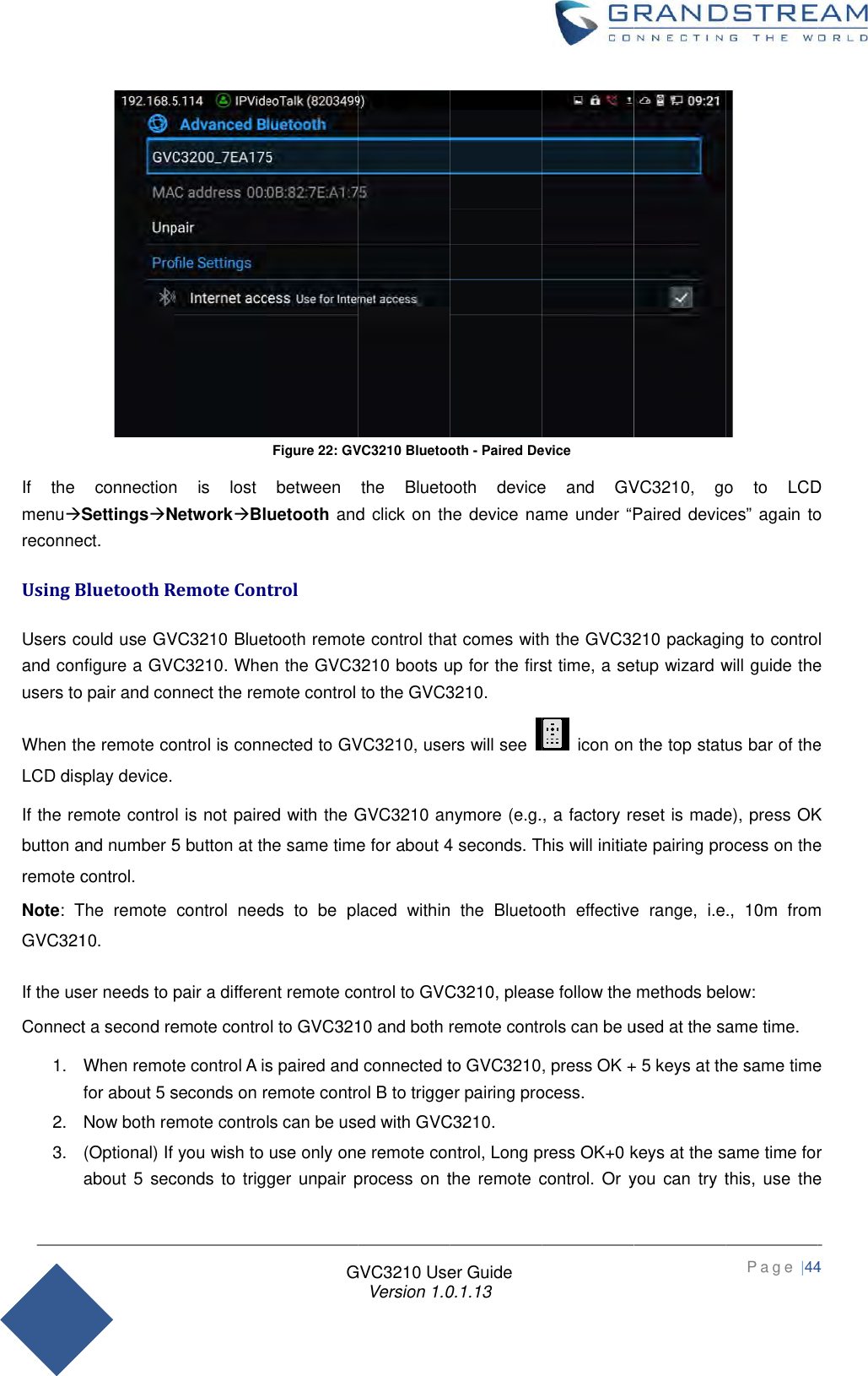 Page 44 of Grandstream Networks GVC3210RMT Bluetooth Remote Control User Manual   NEW 1213