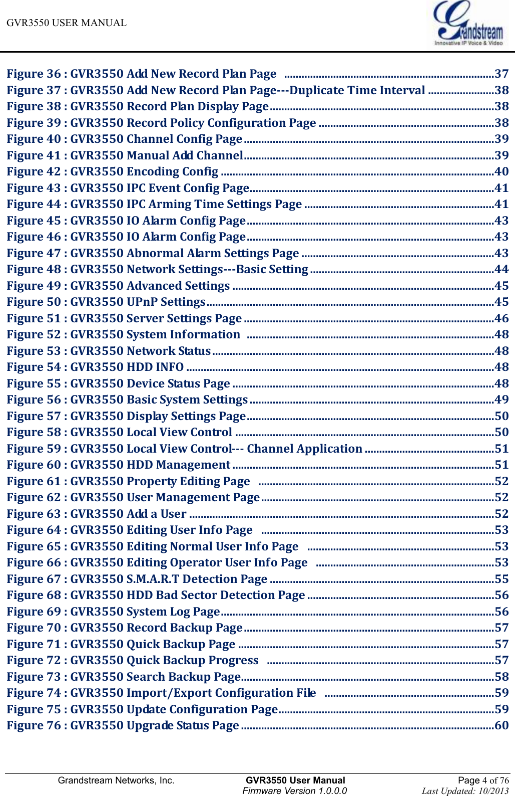 GVR3550 USER MANUAL   Grandstream Networks, Inc.                    GVR3550 User Manual                                                Page 4 of 76 Firmware Version 1.0.0.0                                Last Updated: 10/2013  Figure 36 : GVR3550 Add New Record Plan Page   .........................................................................37 Figure 37 : GVR3550 Add New Record Plan Page---Duplicate Time Interval .......................38 Figure 38 : GVR3550 Record Plan Display Page ..............................................................................38 Figure 39 : GVR3550 Record Policy Configuration Page .............................................................38 Figure 40 : GVR3550 Channel Config Page .......................................................................................39 Figure 41 : GVR3550 Manual Add Channel .......................................................................................39 Figure 42 : GVR3550 Encoding Config ...............................................................................................40 Figure 43 : GVR3550 IPC Event Config Page .....................................................................................41 Figure 44 : GVR3550 IPC Arming Time Settings Page ..................................................................41 Figure 45 : GVR3550 IO Alarm Config Page ......................................................................................43 Figure 46 : GVR3550 IO Alarm Config Page ......................................................................................43 Figure 47 : GVR3550 Abnormal Alarm Settings Page ...................................................................43 Figure 48 : GVR3550 Network Settings---Basic Setting ................................................................44 Figure 49 : GVR3550 Advanced Settings ...........................................................................................45 Figure 50 : GVR3550 UPnP Settings ....................................................................................................45 Figure 51 : GVR3550 Server Settings Page .......................................................................................46 Figure 52 : GVR3550 System Information  ......................................................................................48 Figure 53 : GVR3550 Network Status ..................................................................................................48 Figure 54 : GVR3550 HDD INFO ...........................................................................................................48 Figure 55 : GVR3550 Device Status Page ...........................................................................................48 Figure 56 : GVR3550 Basic System Settings .....................................................................................49 Figure 57 : GVR3550 Display Settings Page ......................................................................................50 Figure 58 : GVR3550 Local View Control ..........................................................................................50 Figure 59 : GVR3550 Local View Control--- Channel Application .............................................51 Figure 60 : GVR3550 HDD Management ...........................................................................................51 Figure 61 : GVR3550 Property Editing Page   ..................................................................................52 Figure 62 : GVR3550 User Management Page .................................................................................52 Figure 63 : GVR3550 Add a User ..........................................................................................................52 Figure 64 : GVR3550 Editing User Info Page   .................................................................................53 Figure 65 : GVR3550 Editing Normal User Info Page   .................................................................53 Figure 66 : GVR3550 Editing Operator User Info Page   ..............................................................53 Figure 67 : GVR3550 S.M.A.R.T Detection Page ..............................................................................55 Figure 68 : GVR3550 HDD Bad Sector Detection Page .................................................................56 Figure 69 : GVR3550 System Log Page ...............................................................................................56 Figure 70 : GVR3550 Record Backup Page .......................................................................................57 Figure 71 : GVR3550 Quick Backup Page .........................................................................................57 Figure 72 : GVR3550 Quick Backup Progress   ...............................................................................57 Figure 73 : GVR3550 Search Backup Page ........................................................................................58 Figure 74 : GVR3550 Import/Export Configuration File   ...........................................................59 Figure 75 : GVR3550 Update Configuration Page ...........................................................................59 Figure 76 : GVR3550 Upgrade Status Page ........................................................................................60 