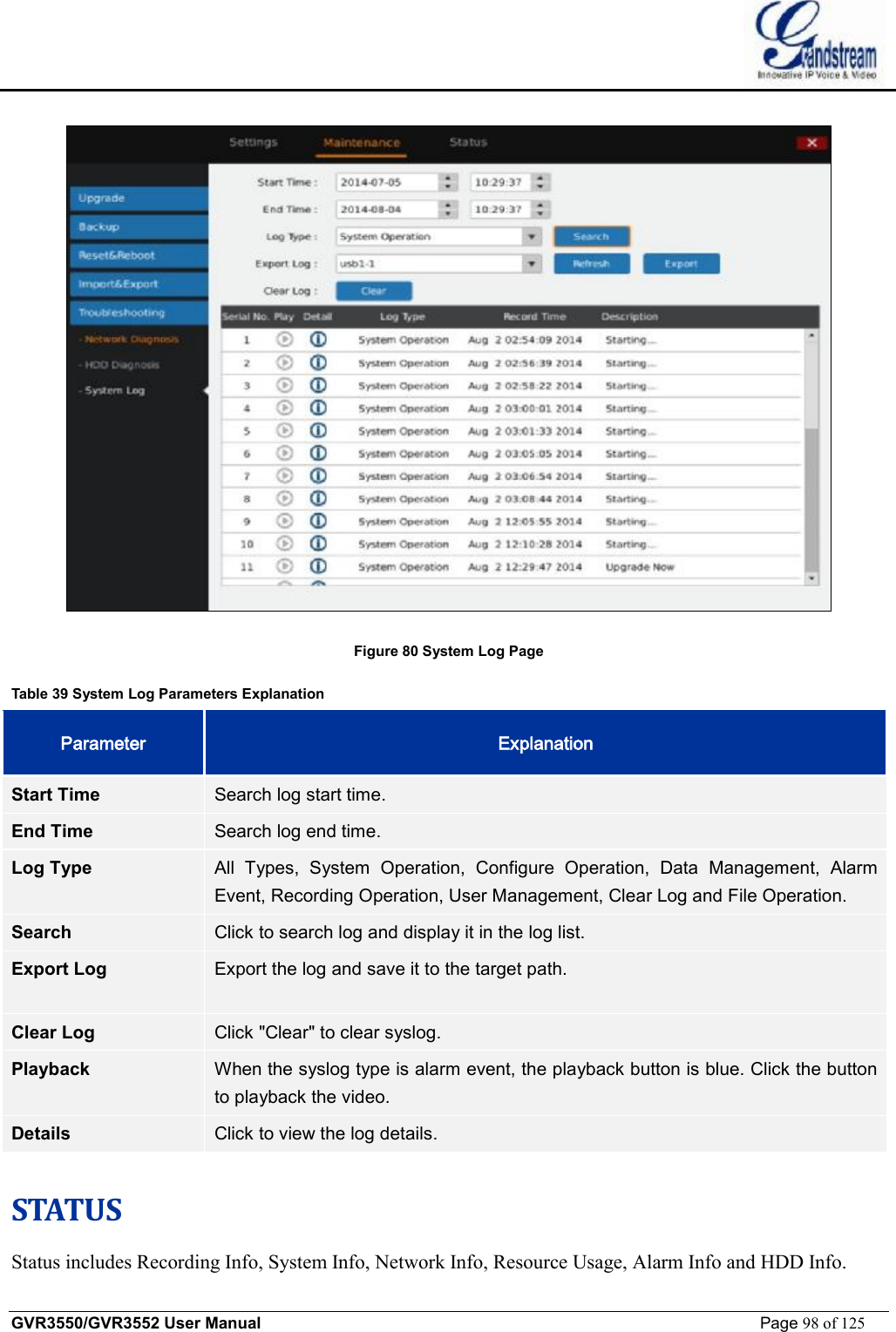    GVR3550/GVR3552 User Manual                                                             Page 98 of 125         Figure 80 System Log Page Table 39 System Log Parameters Explanation Parameter  Explanation Start Time  Search log start time. End Time  Search log end time. Log Type  All Types, System Operation, Configure Operation, Data Management, Alarm Event, Recording Operation, User Management, Clear Log and File Operation. Search  Click to search log and display it in the log list. Export Log  Export the log and save it to the target path. Clear Log  Click &quot;Clear&quot; to clear syslog. Playback  When the syslog type is alarm event, the playback button is blue. Click the button to playback the video. Details  Click to view the log details.  STATUS Status includes Recording Info, System Info, Network Info, Resource Usage, Alarm Info and HDD Info. 