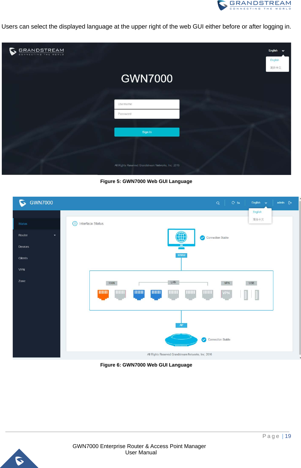  GWN7000 Enterprise Router &amp; Access Point Manager                    User Manual Users can select the displayed language at the upper right of the web GUI either before or after logging in.     Figure 5: GWN7000 Web GUI Language   Figure 6: GWN7000 Web GUI Language        Page | 19     