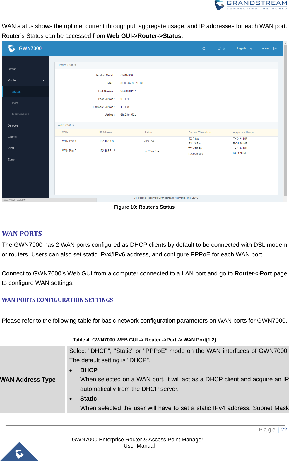  GWN7000 Enterprise Router &amp; Access Point Manager                    User Manual WAN status shows the uptime, current throughput, aggregate usage, and IP addresses for each WAN port. Router’s Status can be accessed from Web GUI-&gt;Router-&gt;Status.  Figure 10: Router&apos;s Status  WAN PORTS The GWN7000 has 2 WAN ports configured as DHCP clients by default to be connected with DSL modem or routers, Users can also set static IPv4/IPv6 address, and configure PPPoE for each WAN port.  Connect to GWN7000’s Web GUI from a computer connected to a LAN port and go to Router-&gt;Port page to configure WAN settings. WAN PORTS CONFIGURATION SETTINGS  Please refer to the following table for basic network configuration parameters on WAN ports for GWN7000.  Table 4: GWN7000 WEB GUI -&gt; Router -&gt;Port -&gt; WAN Port(1,2) WAN Address Type Select &quot;DHCP&quot;, &quot;Static&quot; or &quot;PPPoE&quot; mode on the WAN interfaces of GWN7000. The default setting is &quot;DHCP&quot;. • DHCP When selected on a WAN port, it will act as a DHCP client and acquire an IP automatically from the DHCP server.   • Static When selected the user will have to set a static IPv4 address, Subnet Mask     Page | 22     