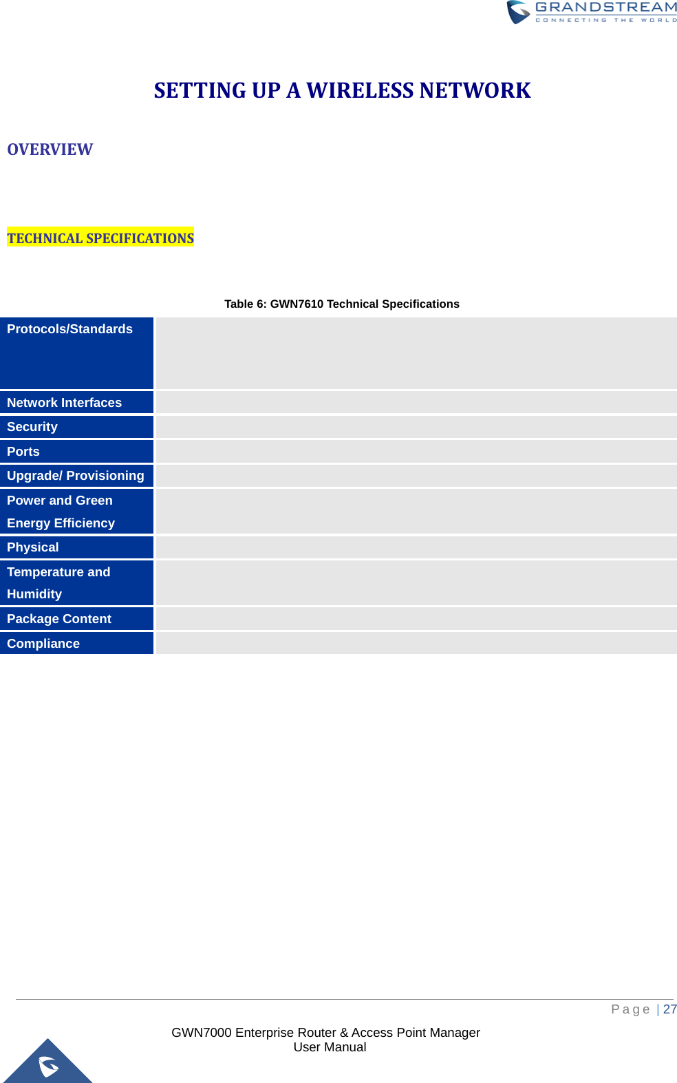  GWN7000 Enterprise Router &amp; Access Point Manager                    User Manual SETTING UP A WIRELESS NETWORK OVERVIEW                   TECHNICAL SPECIFICATIONS  Table 6: GWN7610 Technical Specifications Protocols/Standards  Network Interfaces  Security  Ports   Upgrade/ Provisioning  Power and Green Energy Efficiency  Physical  Temperature and Humidity  Package Content  Compliance           Page | 27     