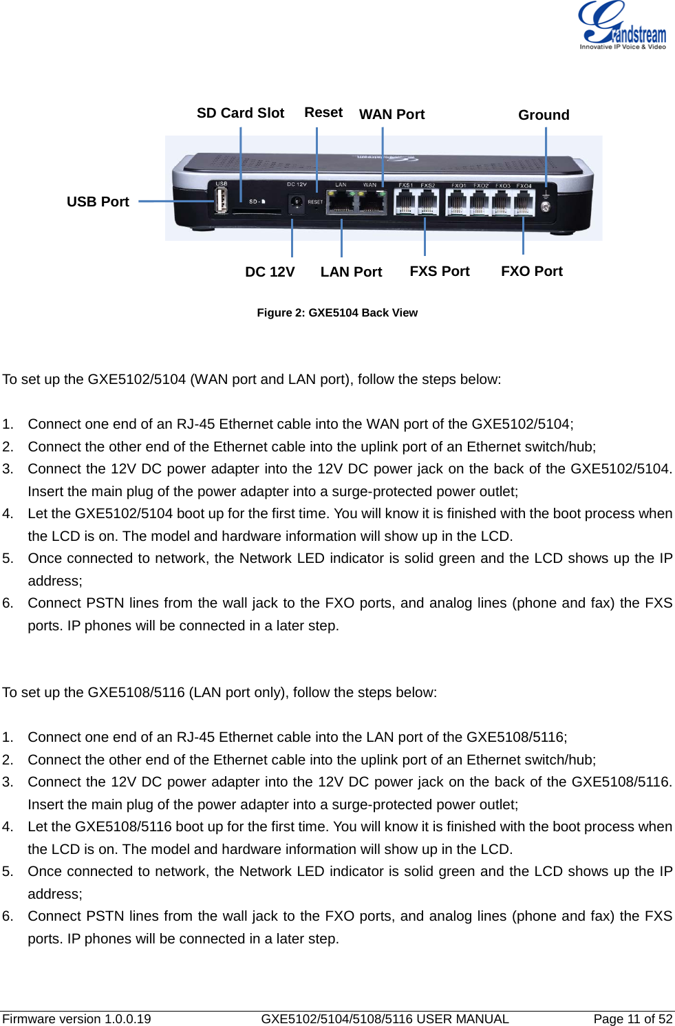   Firmware version 1.0.0.19                   GXE5102/5104/5108/5116 USER MANUAL              Page 11 of 52                                Figure 2: GXE5104 Back View   To set up the GXE5102/5104 (WAN port and LAN port), follow the steps below:  1. Connect one end of an RJ-45 Ethernet cable into the WAN port of the GXE5102/5104; 2. Connect the other end of the Ethernet cable into the uplink port of an Ethernet switch/hub; 3. Connect the 12V DC power adapter into the 12V DC power jack on the back of the GXE5102/5104. Insert the main plug of the power adapter into a surge-protected power outlet; 4. Let the GXE5102/5104 boot up for the first time. You will know it is finished with the boot process when the LCD is on. The model and hardware information will show up in the LCD. 5. Once connected to network, the Network LED indicator is solid green and the LCD shows up the IP address; 6. Connect PSTN lines from the wall jack to the FXO ports, and analog lines (phone and fax) the FXS ports. IP phones will be connected in a later step.   To set up the GXE5108/5116 (LAN port only), follow the steps below:  1. Connect one end of an RJ-45 Ethernet cable into the LAN port of the GXE5108/5116; 2. Connect the other end of the Ethernet cable into the uplink port of an Ethernet switch/hub; 3. Connect the 12V DC power adapter into the 12V DC power jack on the back of the GXE5108/5116. Insert the main plug of the power adapter into a surge-protected power outlet; 4. Let the GXE5108/5116 boot up for the first time. You will know it is finished with the boot process when the LCD is on. The model and hardware information will show up in the LCD. 5. Once connected to network, the Network LED indicator is solid green and the LCD shows up the IP address; 6. Connect PSTN lines from the wall jack to the FXO ports, and analog lines (phone and fax) the FXS ports. IP phones will be connected in a later step.  WAN Port Reset LAN Port USB Port SD Card Slot  DC 12V  FXS Port FXO Port Ground 