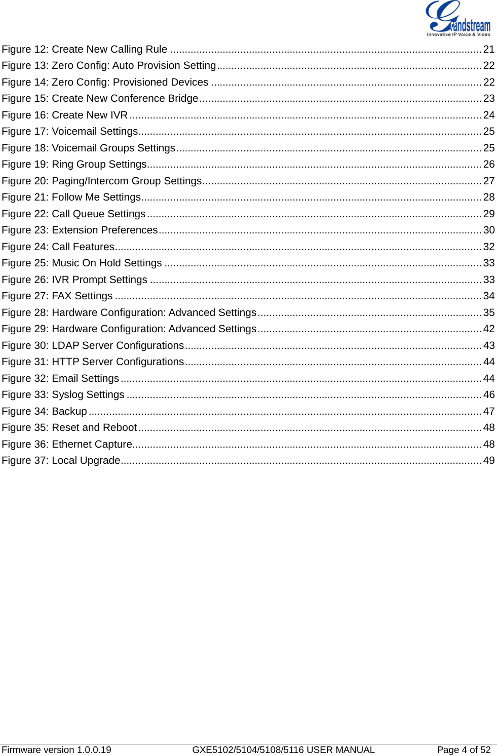   Firmware version 1.0.0.19                   GXE5102/5104/5108/5116 USER MANUAL              Page 4 of 52 Figure 12: Create New Calling Rule ........................................................................................................... 21 Figure 13: Zero Config: Auto Provision Setting ........................................................................................... 22 Figure 14: Zero Config: Provisioned Devices ............................................................................................. 22 Figure 15: Create New Conference Bridge ................................................................................................. 23 Figure 16: Create New IVR ......................................................................................................................... 24 Figure 17: Voicemail Settings...................................................................................................................... 25 Figure 18: Voicemail Groups Settings ......................................................................................................... 25 Figure 19: Ring Group Settings................................................................................................................... 26 Figure 20: Paging/Intercom Group Settings ................................................................................................ 27 Figure 21: Follow Me Settings..................................................................................................................... 28 Figure 22: Call Queue Settings ................................................................................................................... 29 Figure 23: Extension Preferences ............................................................................................................... 30 Figure 24: Call Features .............................................................................................................................. 32 Figure 25: Music On Hold Settings ............................................................................................................. 33 Figure 26: IVR Prompt Settings .................................................................................................................. 33 Figure 27: FAX Settings .............................................................................................................................. 34 Figure 28: Hardware Configuration: Advanced Settings ............................................................................. 35 Figure 29: Hardware Configuration: Advanced Settings ............................................................................. 42 Figure 30: LDAP Server Configurations ...................................................................................................... 43 Figure 31: HTTP Server Configurations ...................................................................................................... 44 Figure 32: Email Settings ............................................................................................................................ 44 Figure 33: Syslog Settings .......................................................................................................................... 46 Figure 34: Backup ....................................................................................................................................... 47 Figure 35: Reset and Reboot ...................................................................................................................... 48 Figure 36: Ethernet Capture........................................................................................................................ 48 Figure 37: Local Upgrade ............................................................................................................................ 49  