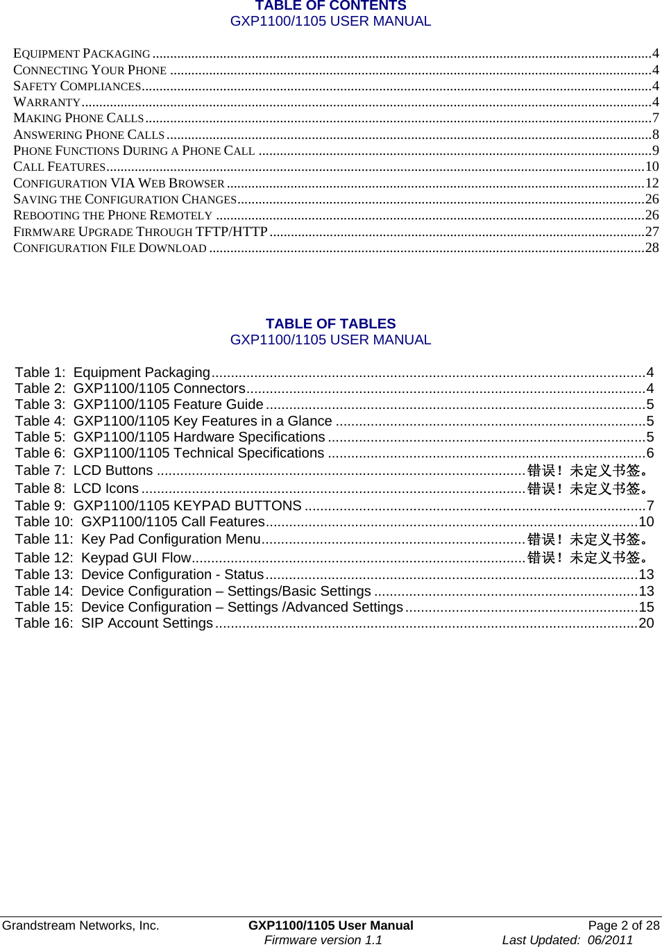 Grandstream Networks, Inc.  GXP1100/1105 User Manual  Page 2 of 28                                                                     Firmware version 1.1                                  Last Updated:  06/2011  TABLE OF CONTENTS  GXP1100/1105 USER MANUAL  EQUIPMENT PACKAGING .............................................................................................................................................4 CONNECTING YOUR PHONE ........................................................................................................................................4 SAFETY COMPLIANCES................................................................................................................................................4 WARRANTY.................................................................................................................................................................4 MAKING PHONE CALLS...............................................................................................................................................7 ANSWERING PHONE CALLS .........................................................................................................................................8 PHONE FUNCTIONS DURING A PHONE CALL ...............................................................................................................9 CALL FEATURES........................................................................................................................................................10 CONFIGURATION VIA WEB BROWSER ......................................................................................................................12 SAVING THE CONFIGURATION CHANGES...................................................................................................................26 REBOOTING THE PHONE REMOTELY .........................................................................................................................26 FIRMWARE UPGRADE THROUGH TFTP/HTTP..........................................................................................................27 CONFIGURATION FILE DOWNLOAD ...........................................................................................................................28     TABLE OF TABLES GXP1100/1105 USER MANUAL  Table 1:  Equipment Packaging................................................................................................................4 Table 2:  GXP1100/1105 Connectors.......................................................................................................4 Table 3:  GXP1100/1105 Feature Guide ..................................................................................................5 Table 4:  GXP1100/1105 Key Features in a Glance ................................................................................5 Table 5:  GXP1100/1105 Hardware Specifications ..................................................................................5 Table 6:  GXP1100/1105 Technical Specifications ..................................................................................6 Table 7:  LCD Buttons ...............................................................................................错误！未定义书签。 Table 8:  LCD Icons...................................................................................................错误！未定义书签。 Table 9:  GXP1100/1105 KEYPAD BUTTONS ........................................................................................7 Table 10:  GXP1100/1105 Call Features................................................................................................10 Table 11:  Key Pad Configuration Menu....................................................................错误！未定义书签。 Table 12:  Keypad GUI Flow......................................................................................错误！未定义书签。 Table 13:  Device Configuration - Status................................................................................................13 Table 14:  Device Configuration – Settings/Basic Settings ....................................................................13 Table 15:  Device Configuration – Settings /Advanced Settings............................................................15 Table 16:  SIP Account Settings.............................................................................................................20  