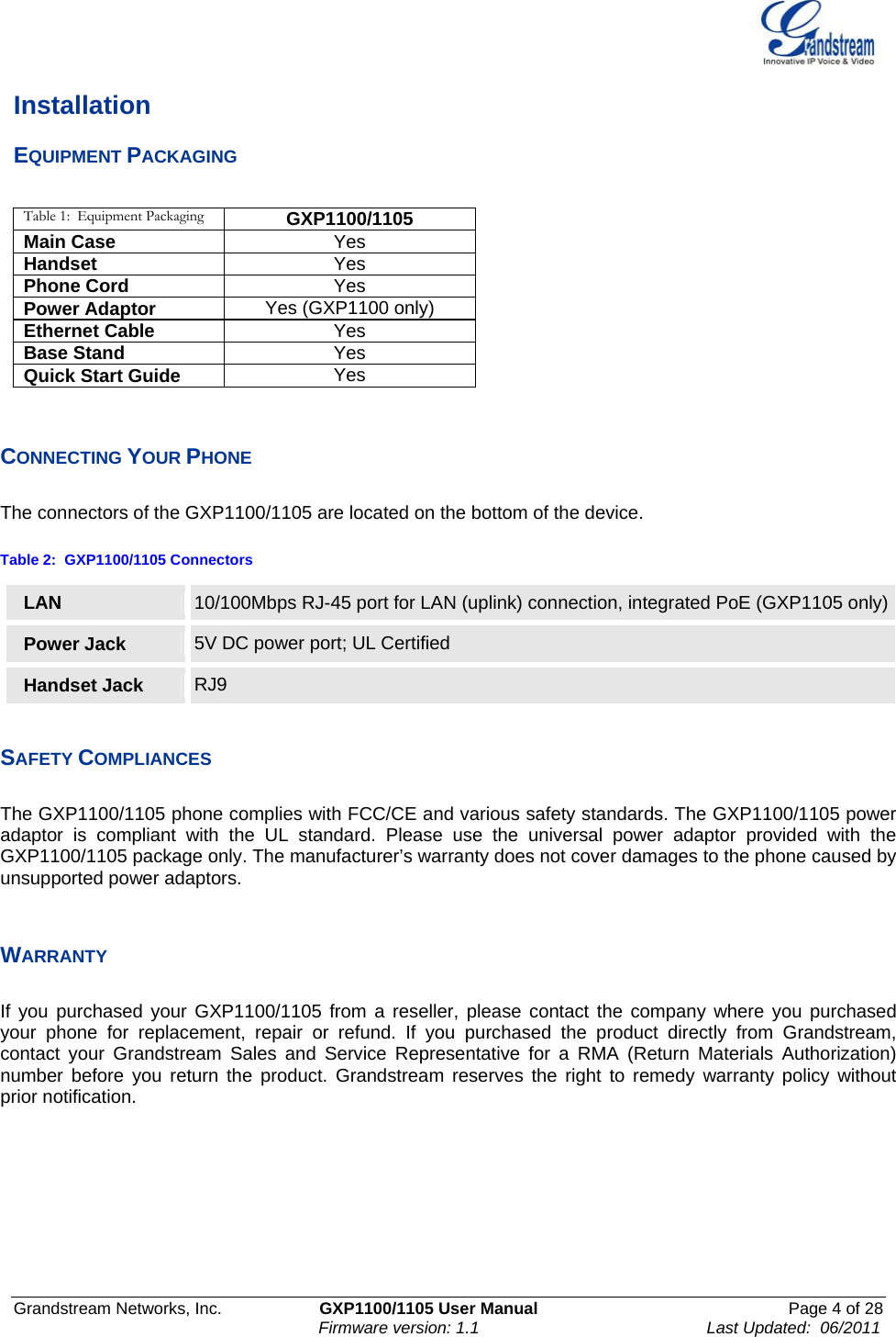   Grandstream Networks, Inc.                     GXP1100/1105 User Manual                                                      Page 4 of 28                                                                  Firmware version: 1.1                                                 Last Updated:  06/2011  Installation EQUIPMENT PACKAGING  Table 1:  Equipment Packaging GXP1100/1105 Main Case  Yes Handset  Yes Phone Cord  Yes Power Adaptor  Yes (GXP1100 only) Ethernet Cable  Yes Base Stand  Yes Quick Start Guide  Yes   CONNECTING YOUR PHONE  The connectors of the GXP1100/1105 are located on the bottom of the device.  Table 2:  GXP1100/1105 Connectors LAN  10/100Mbps RJ-45 port for LAN (uplink) connection, integrated PoE (GXP1105 only)Power Jack  5V DC power port; UL Certified Handset Jack  RJ9  SAFETY COMPLIANCES  The GXP1100/1105 phone complies with FCC/CE and various safety standards. The GXP1100/1105 power adaptor is compliant with the UL standard. Please use the universal power adaptor provided with the GXP1100/1105 package only. The manufacturer’s warranty does not cover damages to the phone caused by unsupported power adaptors.  WARRANTY  If you purchased your GXP1100/1105 from a reseller, please contact the company where you purchased your phone for replacement, repair or refund. If you purchased the product directly from Grandstream, contact your Grandstream Sales and Service Representative for a RMA (Return Materials Authorization) number before you return the product. Grandstream reserves the right to remedy warranty policy without prior notification.   