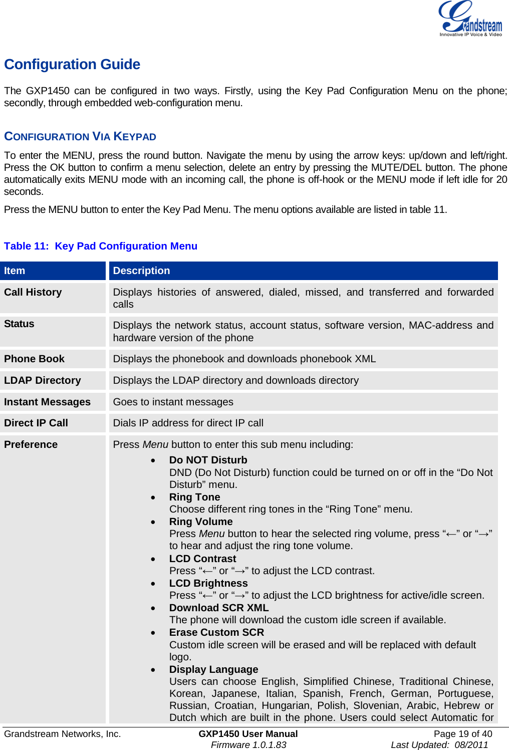  Grandstream Networks, Inc. GXP1450 User Manual Page 19 of 40                                                                          Firmware 1.0.1.83                                        Last Updated:  08/2011  Configuration Guide The  GXP1450 can be configured in two ways. Firstly, using the Key Pad Configuration Menu on the phone; secondly, through embedded web-configuration menu.  CONFIGURATION VIA KEYPAD To enter the MENU, press the round button. Navigate the menu by using the arrow keys: up/down and left/right. Press the OK button to confirm a menu selection, delete an entry by pressing the MUTE/DEL button. The phone automatically exits MENU mode with an incoming call, the phone is off-hook or the MENU mode if left idle for 20 seconds. Press the MENU button to enter the Key Pad Menu. The menu options available are listed in table 11.  Table 11:  Key Pad Configuration Menu Item Description Call History Displays histories of answered, dialed,  missed,  and transferred and forwarded calls Status Displays the network status, account status, software version, MAC-address and hardware version of the phone Phone Book Displays the phonebook and downloads phonebook XML LDAP Directory Displays the LDAP directory and downloads directory Instant Messages Goes to instant messages Direct IP Call Dials IP address for direct IP call Preference Press Menu button to enter this sub menu including: • Do NOT Disturb DND (Do Not Disturb) function could be turned on or off in the “Do Not Disturb” menu. • Ring Tone Choose different ring tones in the “Ring Tone” menu. • Ring Volume Press Menu button to hear the selected ring volume, press “←” or “→” to hear and adjust the ring tone volume. • LCD Contrast Press “←” or “→” to adjust the LCD contrast. • LCD Brightness Press “←” or “→” to adjust the LCD brightness for active/idle screen. • Download SCR XML The phone will download the custom idle screen if available. • Erase Custom SCR Custom idle screen will be erased and will be replaced with default logo. • Display Language Users can choose English, Simplified  Chinese, Traditional Chinese, Korean, Japanese, Italian, Spanish, French, German, Portuguese, Russian, Croatian, Hungarian, Polish, Slovenian, Arabic, Hebrew or Dutch which are built in the phone. Users could select Automatic for 