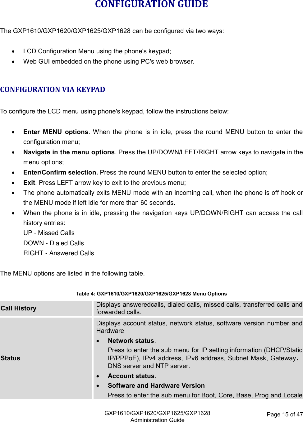   GXP1610/GXP1620/GXP1625/GXP1628Administration Guide Page 15 of 47  CONFIGURATION GUIDE  The GXP1610/GXP1620/GXP1625/GXP1628 can be configured via two ways:   LCD Configuration Menu using the phone&apos;s keypad;  Web GUI embedded on the phone using PC&apos;s web browser.  CONFIGURATION VIA KEYPAD  To configure the LCD menu using phone&apos;s keypad, follow the instructions below:   Enter  MENU  options.  When  the  phone  is  in  idle,  press  the  round  MENU  button  to  enter  the configuration menu;  Navigate in the menu options. Press the UP/DOWN/LEFT/RIGHT arrow keys to navigate in the menu options;  Enter/Confirm selection. Press the round MENU button to enter the selected option;  Exit. Press LEFT arrow key to exit to the previous menu;   The phone automatically exits MENU mode with an incoming call, when the phone is off hook or the MENU mode if left idle for more than 60 seconds.   When the phone is in idle, pressing the navigation keys UP/DOWN/RIGHT can access the call history entries: UP - Missed Calls DOWN - Dialed Calls RIGHT - Answered Calls  The MENU options are listed in the following table.  Table 4: GXP1610/GXP1620/GXP1625/GXP1628 Menu Options Call History Displays answeredcalls, dialed calls, missed calls, transferred calls and forwarded calls. Status Displays  account status,  network  status, software  version number and Hardware  Network status.  Press to enter the sub menu for IP setting information (DHCP/Static IP/PPPoE), IPv4 address, IPv6 address, Subnet Mask, Gateway，DNS server and NTP server.  Account status.   Software and Hardware Version  Press to enter the sub menu for Boot, Core, Base, Prog and Locale 