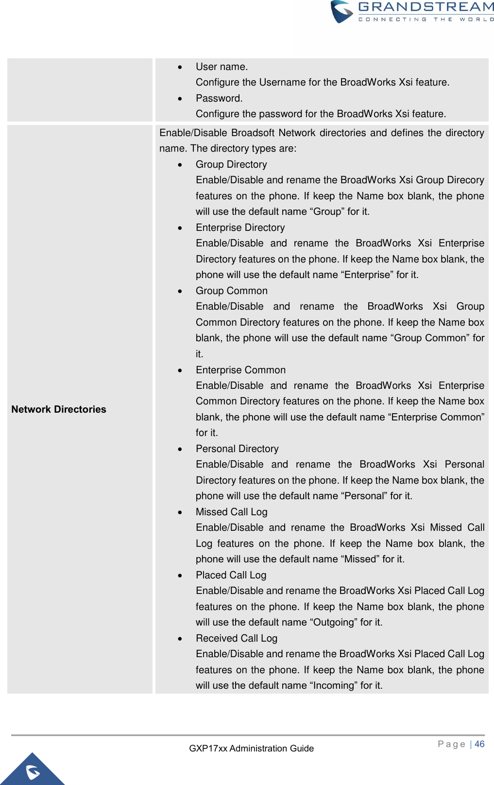   P a g e  | 46       GXP17xx Administration Guide   User name.   Configure the Username for the BroadWorks Xsi feature.   Password.   Configure the password for the BroadWorks Xsi feature. Network Directories   Enable/Disable Broadsoft Network directories and defines the directory name. The directory types are:   Group Directory Enable/Disable and rename the BroadWorks Xsi Group Direcory features on the phone. If keep the Name box blank, the phone will use the default name “Group” for it.       Enterprise Directory Enable/Disable  and  rename  the  BroadWorks  Xsi  Enterprise Directory features on the phone. If keep the Name box blank, the phone will use the default name “Enterprise” for it.   Group Common Enable/Disable  and  rename  the  BroadWorks  Xsi  Group Common Directory features on the phone. If keep the Name box blank, the phone will use the default name “Group Common” for it.   Enterprise Common Enable/Disable  and  rename  the  BroadWorks  Xsi  Enterprise Common Directory features on the phone. If keep the Name box blank, the phone will use the default name “Enterprise Common” for it.   Personal Directory Enable/Disable  and  rename  the  BroadWorks  Xsi  Personal Directory features on the phone. If keep the Name box blank, the phone will use the default name “Personal” for it.   Missed Call Log Enable/Disable  and  rename  the  BroadWorks  Xsi  Missed  Call Log  features  on  the  phone.  If  keep  the  Name  box  blank,  the phone will use the default name “Missed” for it.   Placed Call Log Enable/Disable and rename the BroadWorks Xsi Placed Call Log features on the phone. If keep the Name box blank, the phone will use the default name “Outgoing” for it.   Received Call Log Enable/Disable and rename the BroadWorks Xsi Placed Call Log features on the phone. If keep the Name box blank, the phone will use the default name “Incoming” for it. 