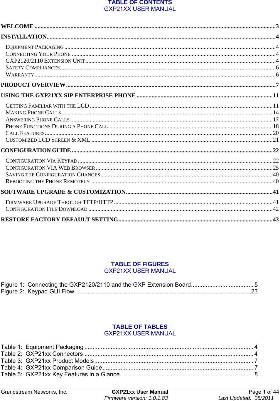 Grandstream Networks, Inc.  GXP21xx User Manual  Page 1 of 44                                                                    Firmware version: 1.0.1.83                                  Last Updated:  08/2011 TABLE OF CONTENTS GXP21XX USER MANUAL  WELCOME .................................................................................................................................................................3INSTALLATION.........................................................................................................................................................4EQUIPMENT PACKAGING .............................................................................................................................................4CONNECTING YOUR PHONE ........................................................................................................................................4GXP2120/2110 EXTENSION UNIT...............................................................................................................................4SAFETY COMPLIANCES................................................................................................................................................6WARRANTY.................................................................................................................................................................6PRODUCT OVERVIEW............................................................................................................................................7USING THE GXP21XX SIP ENTERPRISE PHONE ...........................................................................................11GETTING FAMILIAR WITH THE LCD..........................................................................................................................11MAKING PHONE CALLS.............................................................................................................................................14ANSWERING PHONE CALLS .......................................................................................................................................17PHONE FUNCTIONS DURING A PHONE CALL .............................................................................................................18CALL FEATURES........................................................................................................................................................20CUSTOMIZED LCD SCREEN &amp; XML .........................................................................................................................21CONFIGURATION GUIDE......................................................................................................................................22CONFIGURATION VIA KEYPAD..................................................................................................................................22CONFIGURATION VIA WEB BROWSER ......................................................................................................................25SAVING THE CONFIGURATION CHANGES...................................................................................................................40REBOOTING THE PHONE REMOTELY .........................................................................................................................40SOFTWARE UPGRADE &amp; CUSTOMIZATION..................................................................................................41FIRMWARE UPGRADE THROUGH TFTP/HTTP..........................................................................................................41CONFIGURATION FILE DOWNLOAD ...........................................................................................................................42RESTORE FACTORY DEFAULT SETTING.......................................................................................................43      TABLE OF FIGURES GXP21XX USER MANUAL  Figure 1:  Connecting the GXP2120/2110 and the GXP Extension Board...................................... 5Figure 2:  Keypad GUI Flow........................................................................................................... 23   TABLE OF TABLES GXP21XX USER MANUAL  Table 1:  Equipment Packaging ....................................................................................................... 4 Table 2:  GXP21xx Connectors ....................................................................................................... 4 Table 3:  GXP21xx Product Models................................................................................................. 7 Table 4:  GXP21xx Comparison Guide............................................................................................ 7Table 5:  GXP21xx Key Features in a Glance ................................................................................. 8