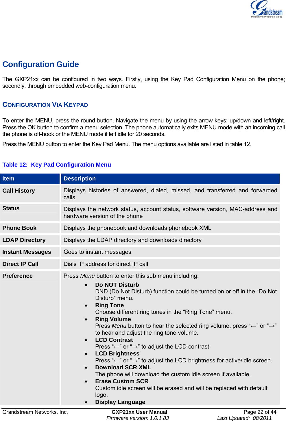  Grandstream Networks, Inc.  GXP21xx User Manual  Page 22 of 44                                                                Firmware version: 1.0.1.83                                 Last Updated:  08/2011    Configuration Guide The GXP21xx can be configured in two ways. Firstly, using the Key Pad Configuration Menu on the phone; secondly, through embedded web-configuration menu.  CONFIGURATION VIA KEYPAD  To enter the MENU, press the round button. Navigate the menu by using the arrow keys: up/down and left/right. Press the OK button to confirm a menu selection. The phone automatically exits MENU mode with an incoming call, the phone is off-hook or the MENU mode if left idle for 20 seconds. Press the MENU button to enter the Key Pad Menu. The menu options available are listed in table 12.  Table 12:  Key Pad Configuration Menu Item  Description Call History  Displays histories of answered, dialed, missed, and transferred and forwarded calls Status  Displays the network status, account status, software version, MAC-address and hardware version of the phone Phone Book  Displays the phonebook and downloads phonebook XML LDAP Directory  Displays the LDAP directory and downloads directory Instant Messages  Goes to instant messages Direct IP Call  Dials IP address for direct IP call Preference  Press Menu button to enter this sub menu including: • Do NOT Disturb DND (Do Not Disturb) function could be turned on or off in the “Do Not Disturb” menu. • Ring Tone Choose different ring tones in the “Ring Tone” menu. • Ring Volume Press Menu button to hear the selected ring volume, press “←” or “→” to hear and adjust the ring tone volume. • LCD Contrast Press “←” or “→” to adjust the LCD contrast. • LCD Brightness Press “←” or “→” to adjust the LCD brightness for active/idle screen. • Download SCR XML The phone will download the custom idle screen if available. • Erase Custom SCR Custom idle screen will be erased and will be replaced with default logo. • Display Language 