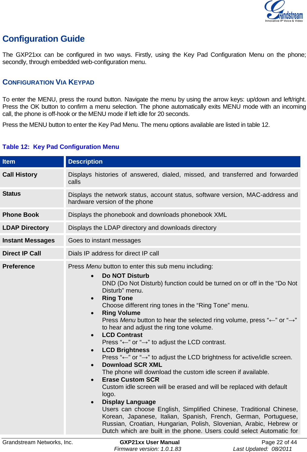  Grandstream Networks, Inc. GXP21xx User Manual Page 22 of 44                                                               Firmware version: 1.0.1.83                                 Last Updated:  08/2011  Configuration Guide The  GXP21xx can be configured in two ways. Firstly, using the Key Pad Configuration Menu on the phone; secondly, through embedded web-configuration menu.  CONFIGURATION VIA KEYPAD  To enter the MENU, press the round button. Navigate the menu by using the arrow keys: up/down and left/right. Press the OK button to confirm a menu selection. The phone automatically exits MENU mode with an incoming call, the phone is off-hook or the MENU mode if left idle for 20 seconds. Press the MENU button to enter the Key Pad Menu. The menu options available are listed in table 12.  Table 12:  Key Pad Configuration Menu Item Description Call History Displays histories of answered, dialed,  missed,  and transferred and forwarded calls Status Displays the network status, account status, software version, MAC-address and hardware version of the phone Phone Book Displays the phonebook and downloads phonebook XML LDAP Directory Displays the LDAP directory and downloads directory Instant Messages Goes to instant messages Direct IP Call Dials IP address for direct IP call Preference Press Menu button to enter this sub menu including: • Do NOT Disturb DND (Do Not Disturb) function could be turned on or off in the “Do Not Disturb” menu. • Ring Tone Choose different ring tones in the “Ring Tone” menu. • Ring Volume Press Menu button to hear the selected ring volume, press “←” or “→” to hear and adjust the ring tone volume. • LCD Contrast Press “←” or “→” to adjust the LCD contrast. • LCD Brightness Press “←” or “→” to adjust the LCD brightness for active/idle screen. • Download SCR XML The phone will download the custom idle screen if available. • Erase Custom SCR Custom idle screen will be erased and will be replaced with default logo. • Display Language Users can choose English, Simplified  Chinese, Traditional Chinese, Korean, Japanese, Italian, Spanish, French, German, Portuguese, Russian, Croatian, Hungarian, Polish, Slovenian, Arabic, Hebrew or Dutch which are built in the phone. Users could select Automatic for 