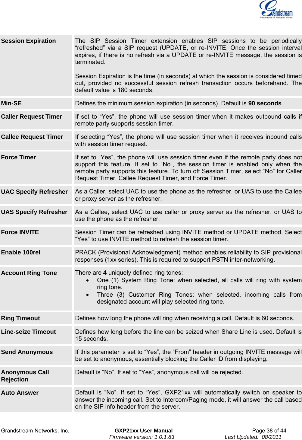  Grandstream Networks, Inc.  GXP21xx User Manual  Page 38 of 44                                                                Firmware version: 1.0.1.83                                 Last Updated:  08/2011  Session Expiration  The SIP Session Timer extension enables SIP sessions to be periodically “refreshed” via a SIP request (UPDATE, or re-INVITE. Once the session interval expires, if there is no refresh via a UPDATE or re-INVITE message, the session is terminated.   Session Expiration is the time (in seconds) at which the session is considered timed out, provided no successful session refresh transaction occurs beforehand. The default value is 180 seconds. Min-SE  Defines the minimum session expiration (in seconds). Default is 90 seconds.  Caller Request Timer  If set to “Yes”, the phone will use session timer when it makes outbound calls if remote party supports session timer. Callee Request Timer  If selecting “Yes”, the phone will use session timer when it receives inbound calls with session timer request.  Force Timer  If set to “Yes”, the phone will use session timer even if the remote party does not support this feature. If set to “No”, the session timer is enabled only when the remote party supports this feature. To turn off Session Timer, select “No” for Caller Request Timer, Callee Request Timer, and Force Timer. UAC Specify Refresher As a Caller, select UAC to use the phone as the refresher, or UAS to use the Callee or proxy server as the refresher.  UAS Specify Refresher  As a Callee, select UAC to use caller or proxy server as the refresher, or UAS to use the phone as the refresher. Force INVITE  Session Timer can be refreshed using INVITE method or UPDATE method. Select “Yes” to use INVITE method to refresh the session timer.  Enable 100rel  PRACK (Provisional Acknowledgment) method enables reliability to SIP provisional responses (1xx series). This is required to support PSTN inter-networking. Account Ring Tone  There are 4 uniquely defined ring tones: •  One (1) System Ring Tone: when selected, all calls will ring with system ring tone. •  Three (3) Customer Ring Tones: when selected, incoming calls from designated account will play selected ring tone.  Ring Timeout  Defines how long the phone will ring when receiving a call. Default is 60 seconds. Line-seize Timeout  Defines how long before the line can be seized when Share Line is used. Default is 15 seconds. Send Anonymous  If this parameter is set to “Yes”, the “From” header in outgoing INVITE message will be set to anonymous, essentially blocking the Caller ID from displaying. Anonymous Call Rejection  Default is “No”. If set to “Yes”, anonymous call will be rejected.  Auto Answer  Default is “No”. If set to “Yes”, GXP21xx will automatically switch on speaker to answer the incoming call. Set to Intercom/Paging mode, it will answer the call basedon the SIP info header from the server.  