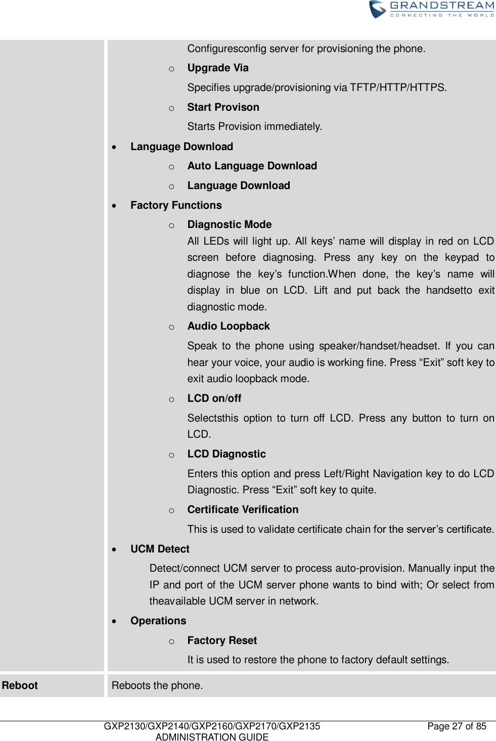    GXP2130/GXP2140/GXP2160/GXP2170/GXP2135   ADMINISTRATION GUIDE Page 27 of 85     Configuresconfig server for provisioning the phone. o Upgrade Via Specifies upgrade/provisioning via TFTP/HTTP/HTTPS. o Start Provison   Starts Provision immediately.  Language Download o Auto Language Download o Language Download  Factory Functions o Diagnostic Mode All LEDs will light up. All keys‟ name will display in red on LCD screen  before  diagnosing.  Press  any  key  on  the  keypad  to diagnose  the  key‟s  function.When  done,  the  key‟s  name  will display  in  blue  on  LCD.  Lift  and  put  back  the  handsetto  exit diagnostic mode. o Audio Loopback Speak  to  the  phone  using  speaker/handset/headset.  If  you  can hear your voice, your audio is working fine. Press “Exit” soft key to exit audio loopback mode. o LCD on/off Selectsthis  option  to  turn  off  LCD.  Press  any  button  to  turn  on LCD.   o LCD Diagnostic Enters this option and press Left/Right Navigation key to do LCD Diagnostic. Press “Exit” soft key to quite.   o Certificate Verification This is used to validate certificate chain for the server‟s certificate.  UCM Detect Detect/connect UCM server to process auto-provision. Manually input the IP and port of the UCM server phone wants to bind with; Or select from theavailable UCM server in network.    Operations o Factory Reset It is used to restore the phone to factory default settings. Reboot Reboots the phone. 