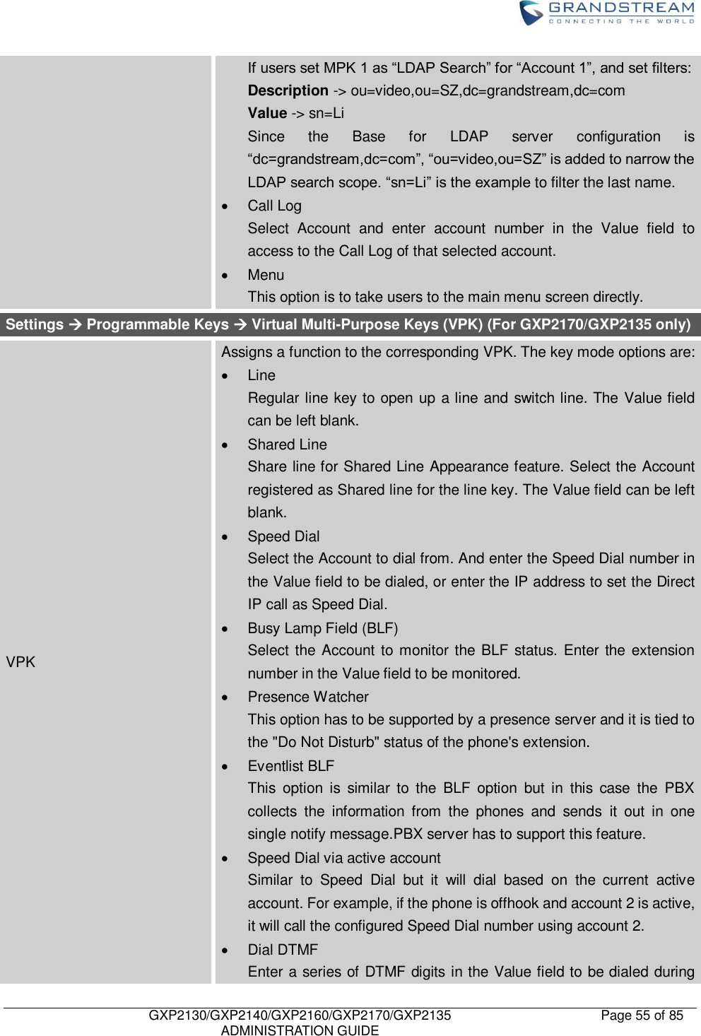    GXP2130/GXP2140/GXP2160/GXP2170/GXP2135   ADMINISTRATION GUIDE Page 55 of 85     If users set MPK 1 as “LDAP Search” for “Account 1”, and set filters: Description -&gt; ou=video,ou=SZ,dc=grandstream,dc=com Value -&gt; sn=Li Since  the  Base  for  LDAP  server  configuration  is “dc=grandstream,dc=com”, “ou=video,ou=SZ” is added to narrow the LDAP search scope. “sn=Li” is the example to filter the last name.   Call Log Select  Account  and  enter  account  number  in  the  Value  field  to access to the Call Log of that selected account.   Menu This option is to take users to the main menu screen directly. Settings  Programmable Keys  Virtual Multi-Purpose Keys (VPK) (For GXP2170/GXP2135 only) VPK Assigns a function to the corresponding VPK. The key mode options are:   Line Regular line key to open up a line and switch line. The Value field can be left blank.   Shared Line Share line for Shared Line Appearance feature. Select the Account registered as Shared line for the line key. The Value field can be left blank.   Speed Dial Select the Account to dial from. And enter the Speed Dial number in the Value field to be dialed, or enter the IP address to set the Direct IP call as Speed Dial.   Busy Lamp Field (BLF) Select the Account to monitor the BLF status. Enter the extension number in the Value field to be monitored.   Presence Watcher   This option has to be supported by a presence server and it is tied to the &quot;Do Not Disturb&quot; status of the phone&apos;s extension.   Eventlist BLF   This  option  is  similar  to  the  BLF  option  but  in  this  case  the  PBX collects  the  information  from  the  phones  and  sends  it  out  in  one single notify message.PBX server has to support this feature.   Speed Dial via active account Similar  to  Speed  Dial  but  it  will  dial  based  on  the  current  active account. For example, if the phone is offhook and account 2 is active, it will call the configured Speed Dial number using account 2.   Dial DTMF Enter a series of DTMF digits in the Value field to be dialed during 