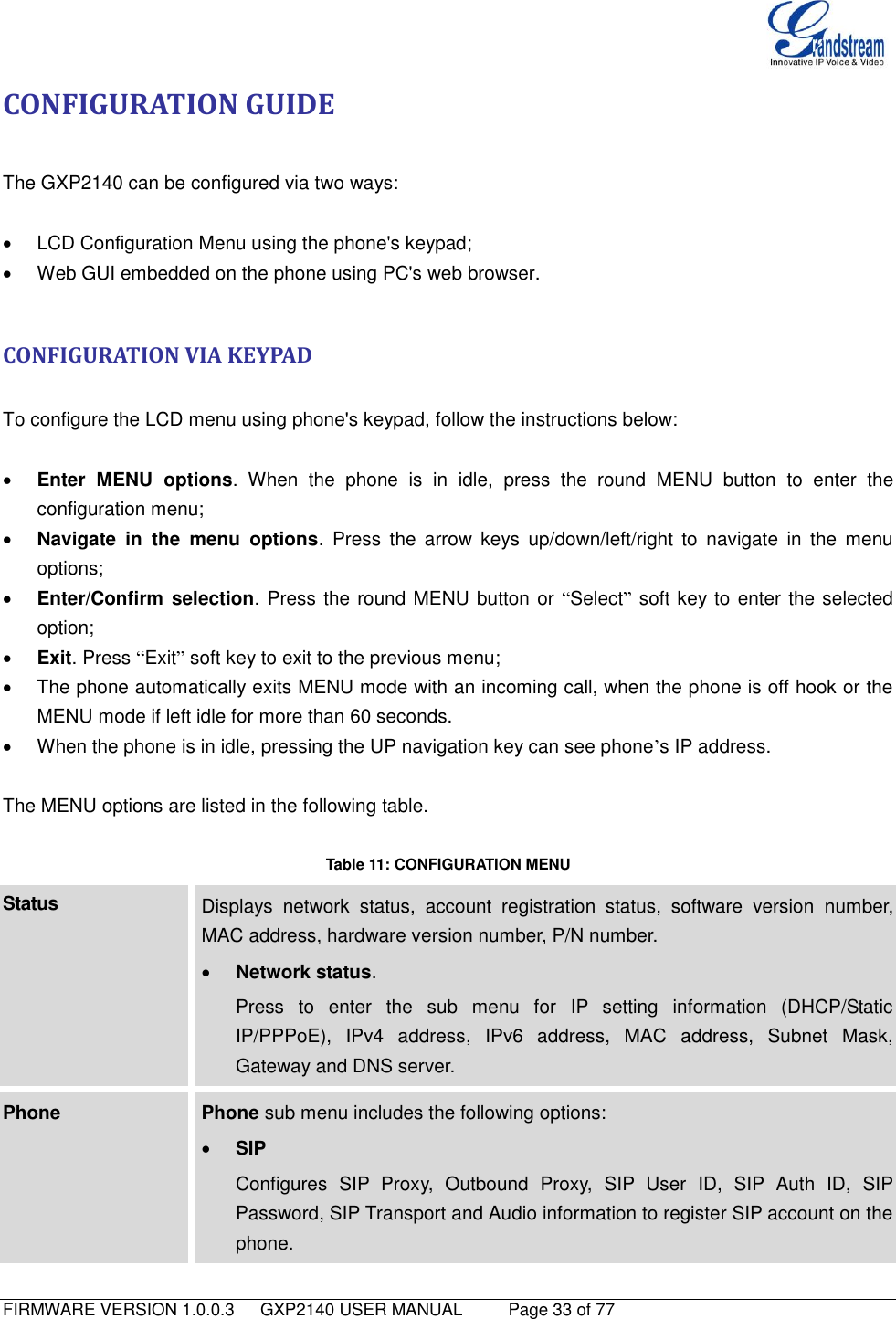   FIRMWARE VERSION 1.0.0.3   GXP2140 USER MANUAL     Page 33 of 77                                   CONFIGURATION GUIDE  The GXP2140 can be configured via two ways:    LCD Configuration Menu using the phone&apos;s keypad;   Web GUI embedded on the phone using PC&apos;s web browser.  CONFIGURATION VIA KEYPAD  To configure the LCD menu using phone&apos;s keypad, follow the instructions below:   Enter  MENU  options.  When  the  phone  is  in  idle,  press  the  round  MENU  button  to  enter  the configuration menu;  Navigate  in  the  menu  options.  Press  the  arrow  keys  up/down/left/right  to  navigate  in  the  menu options;  Enter/Confirm  selection. Press the round MENU button or “Select” soft key to enter the selected option;  Exit. Press “Exit” soft key to exit to the previous menu;   The phone automatically exits MENU mode with an incoming call, when the phone is off hook or the MENU mode if left idle for more than 60 seconds.   When the phone is in idle, pressing the UP navigation key can see phone’s IP address.    The MENU options are listed in the following table.  Table 11: CONFIGURATION MENU Status Displays  network  status,  account  registration  status,  software  version  number, MAC address, hardware version number, P/N number.  Network status.   Press  to  enter  the  sub  menu  for  IP  setting  information  (DHCP/Static IP/PPPoE),  IPv4  address,  IPv6  address,  MAC  address,  Subnet  Mask, Gateway and DNS server. Phone Phone sub menu includes the following options:  SIP Configures  SIP  Proxy,  Outbound  Proxy,  SIP  User  ID,  SIP  Auth  ID,  SIP Password, SIP Transport and Audio information to register SIP account on the phone. 