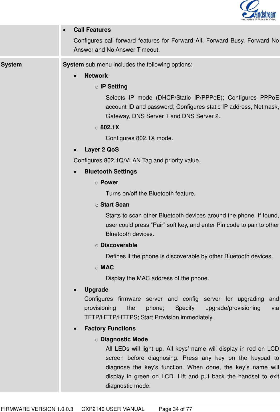   FIRMWARE VERSION 1.0.0.3   GXP2140 USER MANUAL     Page 34 of 77                                    Call Features Configures call forward features for Forward All, Forward Busy, Forward No Answer and No Answer Timeout. System System sub menu includes the following options:  Network o IP Setting Selects  IP  mode  (DHCP/Static  IP/PPPoE); Configures  PPPoE account ID and password; Configures static IP address, Netmask, Gateway, DNS Server 1 and DNS Server 2. o 802.1X Configures 802.1X mode.  Layer 2 QoS Configures 802.1Q/VLAN Tag and priority value.  Bluetooth Settings o Power Turns on/off the Bluetooth feature. o Start Scan Starts to scan other Bluetooth devices around the phone. If found, user could press “Pair” soft key, and enter Pin code to pair to other Bluetooth devices. o Discoverable Defines if the phone is discoverable by other Bluetooth devices. o MAC Display the MAC address of the phone.  Upgrade Configures  firmware  server  and  config  server  for  upgrading  and provisioning  the  phone;  Specify  upgrade/provisioning  via TFTP/HTTP/HTTPS; Start Provision immediately.  Factory Functions o Diagnostic Mode All LEDs  will light up.  All keys‟ name will display in red on LCD screen  before  diagnosing.  Press  any  key  on  the  keypad  to diagnose  the  key‟s  function.  When  done,  the  key‟s  name  will display  in  green  on  LCD.  Lift  and  put  back  the  handset  to  exit diagnostic mode. 