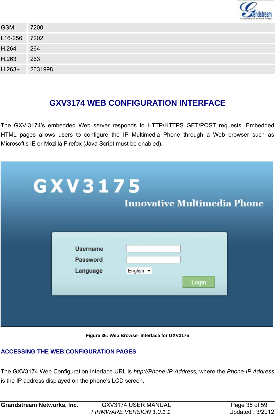   Grandstream Networks, Inc.        GXV3174 USER MANUAL                     Page 35 of 59                                FIRMWARE VERSION 1.0.1.1  Updated : 3/2012  GSM  7200 L16-256  7202 H.264  264 H.263  263 H.263+  2631998  GXV3174 WEB CONFIGURATION INTERFACE  The GXV-3174’s embedded Web server responds to HTTP/HTTPS GET/POST requests. Embedded HTML pages allows users to configure the IP Multimedia Phone through a Web browser such as Microsoft’s IE or Mozilla Firefox (Java Script must be enabled).     Figure 36: Web Browser Interface for GXV3175 ACCESSING THE WEB CONFIGURATION PAGES  The GXV3174 Web Configuration Interface URL is http://Phone-IP-Address, where the Phone-IP Address is the IP address displayed on the phone’s LCD screen.  