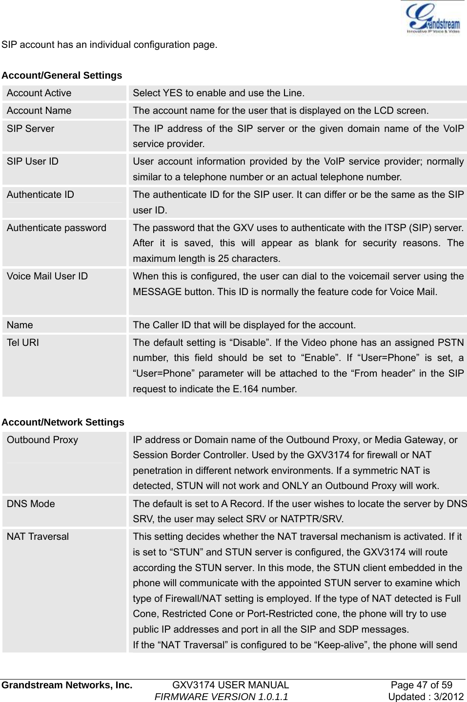   Grandstream Networks, Inc.        GXV3174 USER MANUAL                     Page 47 of 59                                FIRMWARE VERSION 1.0.1.1  Updated : 3/2012  SIP account has an individual configuration page.  Account/General Settings Account Active  Select YES to enable and use the Line. Account Name  The account name for the user that is displayed on the LCD screen. SIP Server  The IP address of the SIP server or the given domain name of the VoIP service provider. SIP User ID  User account information provided by the VoIP service provider; normally similar to a telephone number or an actual telephone number. Authenticate ID  The authenticate ID for the SIP user. It can differ or be the same as the SIP user ID. Authenticate password  The password that the GXV uses to authenticate with the ITSP (SIP) server. After it is saved, this will appear as blank for security reasons. The maximum length is 25 characters. Voice Mail User ID  When this is configured, the user can dial to the voicemail server using the MESSAGE button. This ID is normally the feature code for Voice Mail.  Name  The Caller ID that will be displayed for the account. Tel URI  The default setting is “Disable”. If the Video phone has an assigned PSTN number, this field should be set to “Enable”. If “User=Phone” is set, a “User=Phone” parameter will be attached to the “From header” in the SIP request to indicate the E.164 number.  Account/Network Settings Outbound Proxy    IP address or Domain name of the Outbound Proxy, or Media Gateway, or Session Border Controller. Used by the GXV3174 for firewall or NAT penetration in different network environments. If a symmetric NAT is detected, STUN will not work and ONLY an Outbound Proxy will work. DNS Mode  The default is set to A Record. If the user wishes to locate the server by DNS SRV, the user may select SRV or NATPTR/SRV. NAT Traversal  This setting decides whether the NAT traversal mechanism is activated. If it is set to “STUN” and STUN server is configured, the GXV3174 will route according the STUN server. In this mode, the STUN client embedded in the phone will communicate with the appointed STUN server to examine which type of Firewall/NAT setting is employed. If the type of NAT detected is Full Cone, Restricted Cone or Port-Restricted cone, the phone will try to use public IP addresses and port in all the SIP and SDP messages. If the “NAT Traversal” is configured to be “Keep-alive”, the phone will send 