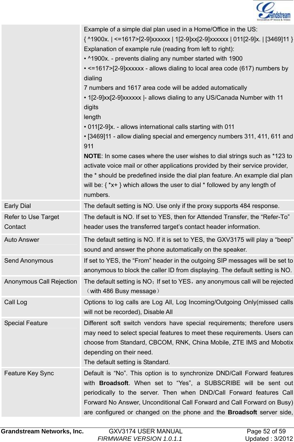   Grandstream Networks, Inc.        GXV3174 USER MANUAL                     Page 52 of 59                                FIRMWARE VERSION 1.0.1.1  Updated : 3/2012  Example of a simple dial plan used in a Home/Office in the US: { ^1900x. | &lt;=1617&gt;[2-9]xxxxxx | 1[2-9]xx[2-9]xxxxxx | 011[2-9]x. | [3469]11 }Explanation of example rule (reading from left to right): • ^1900x. - prevents dialing any number started with 1900 • &lt;=1617&gt;[2-9]xxxxxx - allows dialing to local area code (617) numbers by dialing 7 numbers and 1617 area code will be added automatically • 1[2-9]xx[2-9]xxxxxx |- allows dialing to any US/Canada Number with 11 digits length • 011[2-9]x. - allows international calls starting with 011 • [3469]11 - allow dialing special and emergency numbers 311, 411, 611 and 911 NOTE: In some cases where the user wishes to dial strings such as *123 to activate voice mail or other applications provided by their service provider, the * should be predefined inside the dial plan feature. An example dial plan will be: { *x+ } which allows the user to dial * followed by any length of numbers. Early Dial  The default setting is NO. Use only if the proxy supports 484 response. Refer to Use Target Contact The default is NO. If set to YES, then for Attended Transfer, the “Refer-To” header uses the transferred target’s contact header information. Auto Answer  The default setting is NO. If it is set to YES, the GXV3175 will play a “beep” sound and answer the phone automatically on the speaker. Send Anonymous  If set to YES, the “From” header in the outgoing SIP messages will be set to anonymous to block the caller ID from displaying. The default setting is NO.Anonymous Call Rejection  The default setting is NO；If set to YES，any anonymous call will be rejected（with 486 Busy message） Call Log  Options to log calls are Log All, Log Incoming/Outgoing Only(missed calls will not be recorded), Disable All Special Feature  Different soft switch vendors have special requirements; therefore users may need to select special features to meet these requirements. Users can choose from Standard, CBCOM, RNK, China Mobile, ZTE IMS and Mobotix depending on their need.   The default setting is Standard.   Feature Key Sync  Default is “No”. This option is to synchronize DND/Call Forward features with  Broadsoft. When set to “Yes”, a SUBSCRIBE will be sent out periodically to the server. Then when DND/Call Forward features Call Forward No Answer, Unconditional Call Forward and Call Forward on Busy) are configured or changed on the phone and the Broadsoft server side, 