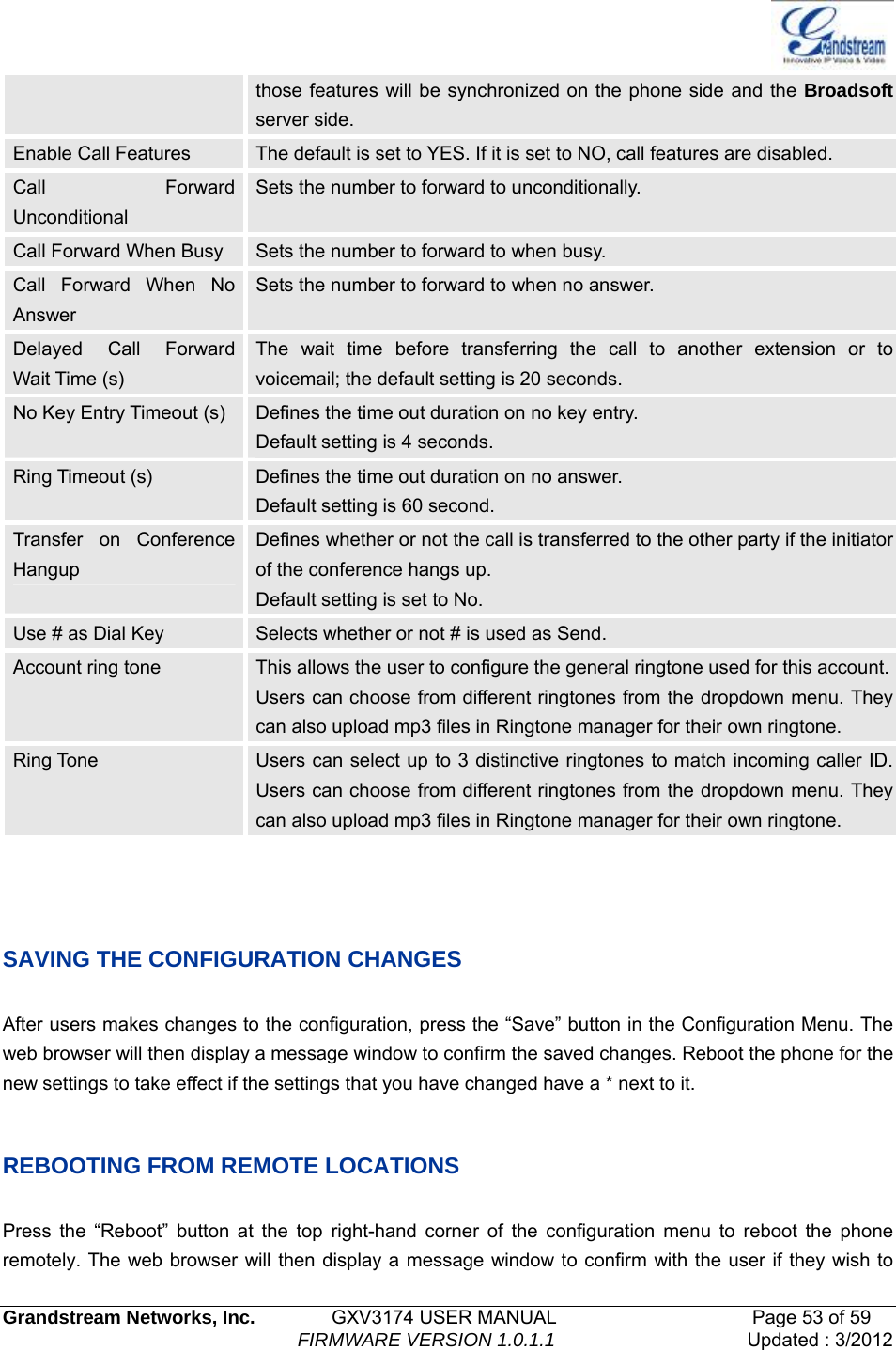   Grandstream Networks, Inc.        GXV3174 USER MANUAL                     Page 53 of 59                                FIRMWARE VERSION 1.0.1.1  Updated : 3/2012  those features will be synchronized on the phone side and the Broadsoft server side. Enable Call Features  The default is set to YES. If it is set to NO, call features are disabled. Call Forward Unconditional Sets the number to forward to unconditionally. Call Forward When Busy  Sets the number to forward to when busy. Call Forward When No Answer Sets the number to forward to when no answer. Delayed Call Forward Wait Time (s) The wait time before transferring the call to another extension or to voicemail; the default setting is 20 seconds. No Key Entry Timeout (s)  Defines the time out duration on no key entry. Default setting is 4 seconds. Ring Timeout (s)  Defines the time out duration on no answer. Default setting is 60 second. Transfer on Conference Hangup Defines whether or not the call is transferred to the other party if the initiator of the conference hangs up.   Default setting is set to No. Use # as Dial Key  Selects whether or not # is used as Send. Account ring tone  This allows the user to configure the general ringtone used for this account. Users can choose from different ringtones from the dropdown menu. They can also upload mp3 files in Ringtone manager for their own ringtone.   Ring Tone  Users can select up to 3 distinctive ringtones to match incoming caller ID. Users can choose from different ringtones from the dropdown menu. They can also upload mp3 files in Ringtone manager for their own ringtone.   SAVING THE CONFIGURATION CHANGES  After users makes changes to the configuration, press the “Save” button in the Configuration Menu. The web browser will then display a message window to confirm the saved changes. Reboot the phone for the new settings to take effect if the settings that you have changed have a * next to it.    REBOOTING FROM REMOTE LOCATIONS  Press the “Reboot” button at the top right-hand corner of the configuration menu to reboot the phone remotely. The web browser will then display a message window to confirm with the user if they wish to 