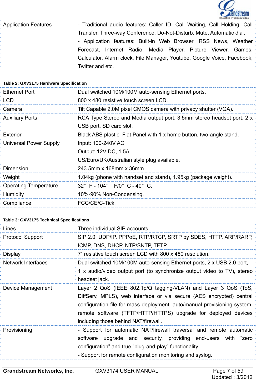   Grandstream Networks, Inc.        GXV3174 USER MANUAL                     Page 7 of 59                                 Updated : 3/2012  Application Features  - Traditional audio features: Caller ID, Call Waiting, Call Holding, Call Transfer, Three-way Conference, Do-Not-Disturb, Mute, Automatic dial. - Application features: Built-in Web Browser, RSS News, Weather Forecast, Internet Radio, Media Player, Picture Viewer, Games, Calculator, Alarm clock, File Manager, Youtube, Google Voice, Facebook, Twitter and etc.  Table 2: GXV3175 Hardware Specification Ethernet Port  Dual switched 10M/100M auto-sensing Ethernet ports. LCD  800 x 480 resistive touch screen LCD. Camera  Tilt Capable 2.0M pixel CMOS camera with privacy shutter (VGA). Auxiliary Ports  RCA Type Stereo and Media output port, 3.5mm stereo headset port, 2 x USB port, SD card slot. Exterior  Black ABS plastic, Flat Panel with 1 x home button, two-angle stand. Universal Power Supply  Input: 100-240V AC Output: 12V DC, 1.5A US/Euro/UK/Australian style plug available. Dimension  243.5mm x 168mm x 36mm. Weight  1.04kg (phone with handset and stand), 1.95kg (package weight). Operating Temperature  32°F - 104° F/0°C - 40°C. Humidity 10%-90% Non-Condensing. Compliance FCC/CE/C-Tick.  Table 3: GXV3175 Technical Specifications Lines  Three individual SIP accounts. Protocol Support  SIP 2.0, UDP/IP, PPPoE, RTP/RTCP, SRTP by SDES, HTTP, ARP/RARP, ICMP, DNS, DHCP, NTP/SNTP, TFTP. Display  7” resistive touch screen LCD with 800 x 480 resolution. Network Interfaces  Dual switched 10M/100M auto-sensing Ethernet ports, 2 x USB 2.0 port, 1 x audio/video output port (to synchronize output video to TV), stereo headset jack. Device Management  Layer 2 QoS (IEEE 802.1p/Q tagging-VLAN) and Layer 3 QoS (ToS, DiffServ, MPLS), web interface or via secure (AES encrypted) central configuration file for mass deployment, auto/manual provisioning system, remote software (TFTP/HTTP/HTTPS) upgrade for deployed devices including those behind NAT/firewall. Provisioning  - Support for automatic NAT/firewall traversal and remote automatic software upgrade and security, providing end-users with “zero configuration” and true “plug-and-play” functionality. - Support for remote configuration monitoring and syslog. 