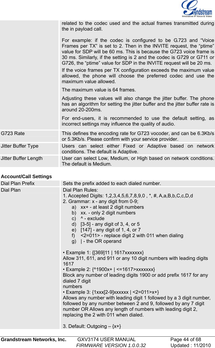   Grandstream Networks, Inc.        GXV3174 USER MANUAL                      Page 44 of 68                                                        FIRMWARE VERSION 1.0.0.32                  Updated : 11/2010  related to the codec used and the actual frames transmitted during the in payload call.   For example: if the codec is configured to be G.723 and “Voice Frames per TX” is set to 2. Then in the INVITE request, the “ptime” value for SDP will be 60 ms. This is because the G723 voice frame is 30 ms. Similarly, if the setting is 2 and the codec is G729 or G711 or G726, the “ptime” value for SDP in the INVITE request will be 20 ms.If the voice frames per TX configuration exceeds the maximum value allowed, the phone will choose the preferred codec and use the maximum value allowed.  The maximum value is 64 frames. Adjusting these values will also change the jitter buffer. The phone has an algorithm for setting the jitter buffer and the jitter buffer rate is around 20-200ms.  For end-users, it is recommended to use the default setting, as incorrect settings may influence the quality of audio. G723 Rate  This defines the encoding rate for G723 vocoder, and can be 6.3Kb/s or 5.3Kb/s. Please confirm with your service provider.  Jitter Buffer Type  Users can select either Fixed or Adaptive based on network conditions. The default is Adaptive. Jitter Buffer Length  User can select Low, Medium, or High based on network conditions. The default is Medium.  Account/Call Settings Dial Plan Prefix  Sets the prefix added to each dialed number. Dial Plan  Dial Plan Rules: 1. Accepted Digits: 1,2,3,4,5,6,7,8,9,0 , *, #, A,a,B,b,C,c,D,d 2. Grammar: x - any digit from 0-9; a)  xx+ - at least 2 digit numbers b)  xx. - only 2 digit numbers c)  ^ - exclude d)  [3-5] - any digit of 3, 4, or 5 e)  [147] - any digit of 1, 4, or 7 f)  &lt;2=011&gt; - replace digit 2 with 011 when dialing g)  | - the OR operand  • Example 1: {[369]11 | 1617xxxxxxx} Allow 311, 611, and 911 or any 10 digit numbers with leading digits 1617 • Example 2: {^1900x+ | &lt;=1617&gt;xxxxxxx} Block any number of leading digits 1900 or add prefix 1617 for any dialed 7 digit numbers • Example 3: {1xxx[2-9]xxxxxx | &lt;2=011&gt;x+} Allows any number with leading digit 1 followed by a 3 digit number, followed by any number between 2 and 9, followed by any 7 digit number OR Allows any length of numbers with leading digit 2, replacing the 2 with 011 when dialed.  3. Default: Outgoing – {x+} 