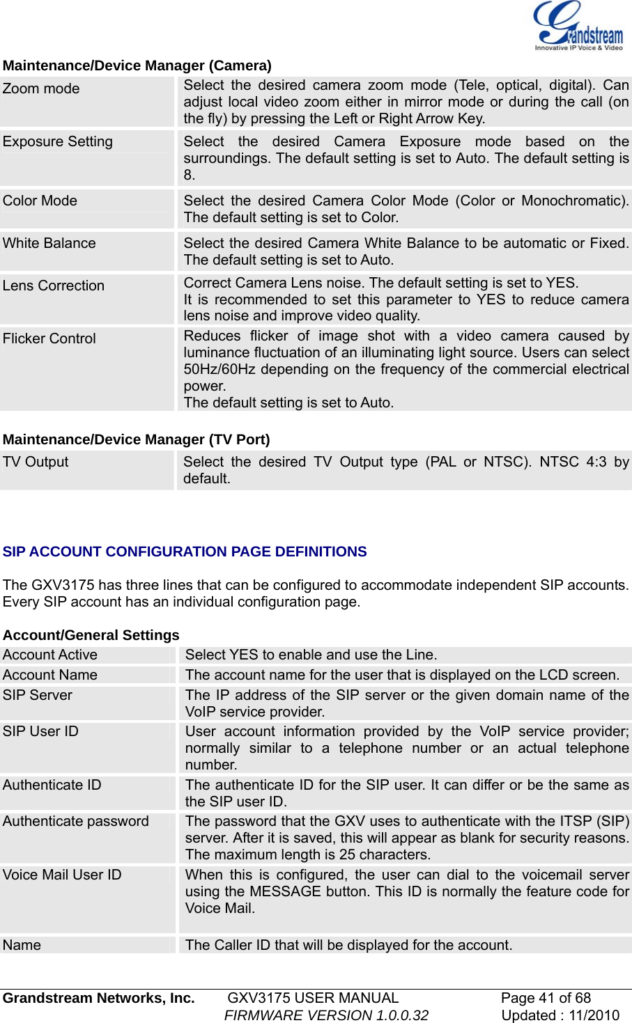   Grandstream Networks, Inc.        GXV3175 USER MANUAL                      Page 41 of 68                                                        FIRMWARE VERSION 1.0.0.32                  Updated : 11/2010  Maintenance/Device Manager (Camera) Zoom mode  Select the desired camera zoom mode (Tele, optical, digital). Can adjust local video zoom either in mirror mode or during the call (on the fly) by pressing the Left or Right Arrow Key. Exposure Setting  Select the desired Camera Exposure mode based on the surroundings. The default setting is set to Auto. The default setting is 8. Color Mode  Select the desired Camera Color Mode (Color or Monochromatic). The default setting is set to Color. White Balance  Select the desired Camera White Balance to be automatic or Fixed. The default setting is set to Auto. Lens Correction  Correct Camera Lens noise. The default setting is set to YES. It is recommended to set this parameter to YES to reduce camera lens noise and improve video quality. Flicker Control   Reduces flicker of image shot with a video camera caused by luminance fluctuation of an illuminating light source. Users can select 50Hz/60Hz depending on the frequency of the commercial electrical power. The default setting is set to Auto.  Maintenance/Device Manager (TV Port) TV Output  Select the desired TV Output type (PAL or NTSC). NTSC 4:3 by default.    SIP ACCOUNT CONFIGURATION PAGE DEFINITIONS   The GXV3175 has three lines that can be configured to accommodate independent SIP accounts. Every SIP account has an individual configuration page.  Account/General Settings Account Active  Select YES to enable and use the Line. Account Name  The account name for the user that is displayed on the LCD screen. SIP Server  The IP address of the SIP server or the given domain name of the VoIP service provider. SIP User ID  User account information provided by the VoIP service provider; normally similar to a telephone number or an actual telephone number. Authenticate ID  The authenticate ID for the SIP user. It can differ or be the same as the SIP user ID. Authenticate password  The password that the GXV uses to authenticate with the ITSP (SIP) server. After it is saved, this will appear as blank for security reasons. The maximum length is 25 characters. Voice Mail User ID  When this is configured, the user can dial to the voicemail server using the MESSAGE button. This ID is normally the feature code for Voice Mail.  Name  The Caller ID that will be displayed for the account. 