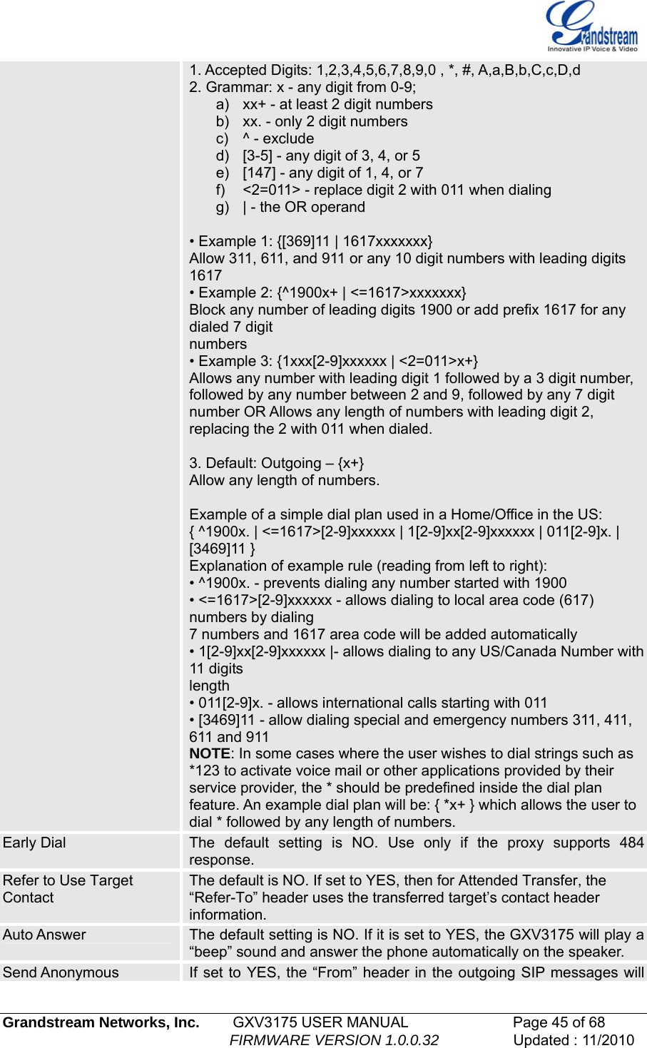   Grandstream Networks, Inc.        GXV3175 USER MANUAL                      Page 45 of 68                                                        FIRMWARE VERSION 1.0.0.32                  Updated : 11/2010  1. Accepted Digits: 1,2,3,4,5,6,7,8,9,0 , *, #, A,a,B,b,C,c,D,d 2. Grammar: x - any digit from 0-9; a)  xx+ - at least 2 digit numbers b)  xx. - only 2 digit numbers c)  ^ - exclude d)  [3-5] - any digit of 3, 4, or 5 e)  [147] - any digit of 1, 4, or 7 f)  &lt;2=011&gt; - replace digit 2 with 011 when dialing g)  | - the OR operand  • Example 1: {[369]11 | 1617xxxxxxx} Allow 311, 611, and 911 or any 10 digit numbers with leading digits 1617 • Example 2: {^1900x+ | &lt;=1617&gt;xxxxxxx} Block any number of leading digits 1900 or add prefix 1617 for any dialed 7 digit numbers • Example 3: {1xxx[2-9]xxxxxx | &lt;2=011&gt;x+} Allows any number with leading digit 1 followed by a 3 digit number, followed by any number between 2 and 9, followed by any 7 digit number OR Allows any length of numbers with leading digit 2, replacing the 2 with 011 when dialed.  3. Default: Outgoing – {x+} Allow any length of numbers.  Example of a simple dial plan used in a Home/Office in the US: { ^1900x. | &lt;=1617&gt;[2-9]xxxxxx | 1[2-9]xx[2-9]xxxxxx | 011[2-9]x. | [3469]11 } Explanation of example rule (reading from left to right): • ^1900x. - prevents dialing any number started with 1900 • &lt;=1617&gt;[2-9]xxxxxx - allows dialing to local area code (617) numbers by dialing 7 numbers and 1617 area code will be added automatically • 1[2-9]xx[2-9]xxxxxx |- allows dialing to any US/Canada Number with 11 digits length • 011[2-9]x. - allows international calls starting with 011 • [3469]11 - allow dialing special and emergency numbers 311, 411, 611 and 911 NOTE: In some cases where the user wishes to dial strings such as *123 to activate voice mail or other applications provided by their service provider, the * should be predefined inside the dial plan feature. An example dial plan will be: { *x+ } which allows the user to dial * followed by any length of numbers. Early Dial  The default setting is NO. Use only if the proxy supports 484 response. Refer to Use Target Contact The default is NO. If set to YES, then for Attended Transfer, the “Refer-To” header uses the transferred target’s contact header information. Auto Answer  The default setting is NO. If it is set to YES, the GXV3175 will play a “beep” sound and answer the phone automatically on the speaker. Send Anonymous  If set to YES, the “From” header in the outgoing SIP messages will 