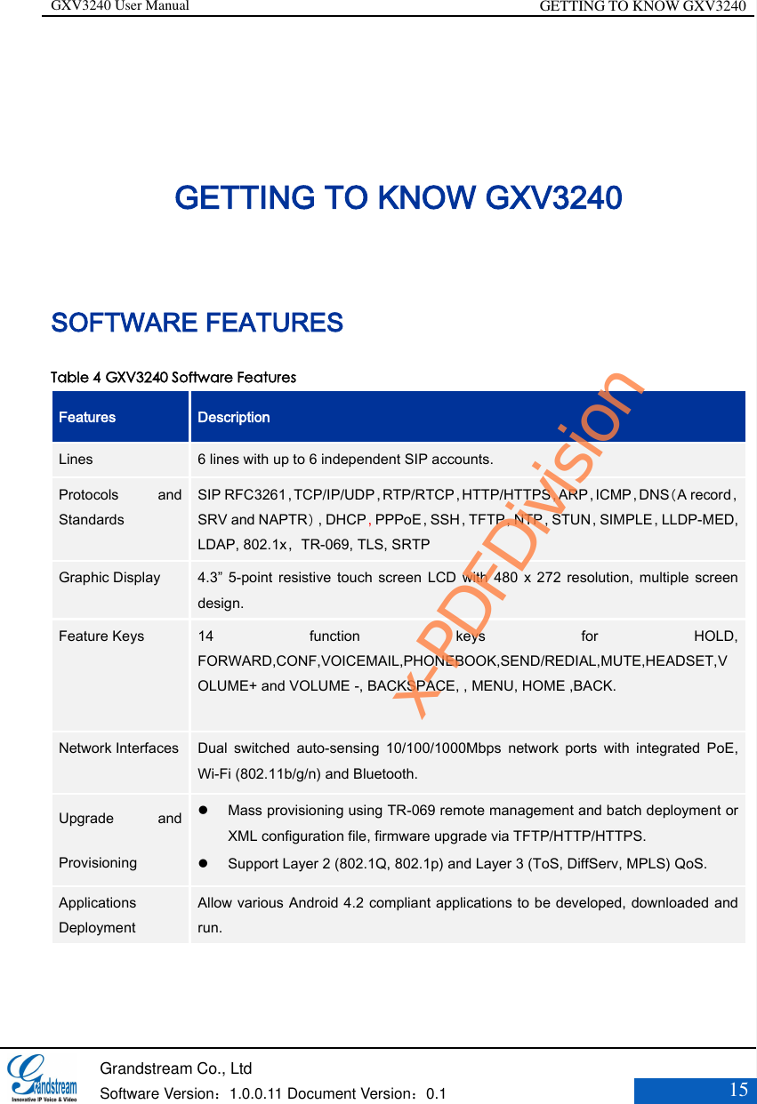 GXV3240 User Manual GETTING TO KNOW GXV3240   Grandstream Co., Ltd  Software Version：1.0.0.11 Document Version：0.1 15  GETTING TO KNOW GXV3240 SOFTWARE FEATURES Table 4 GXV3240 Software Features Features Description Lines 6 lines with up to 6 independent SIP accounts. Protocols  and Standards SIP RFC3261，TCP/IP/UDP，RTP/RTCP，HTTP/HTTPS，ARP，ICMP，DNS（A record，SRV and NAPTR），DHCP，PPPoE，SSH，TFTP，NTP，STUN，SIMPLE，LLDP-MED, LDAP, 802.1x，TR-069, TLS, SRTP Graphic Display  4.3” 5-point  resistive touch  screen  LCD  with  480 x  272 resolution,  multiple  screen design.   Feature Keys 14  function  keys  for  HOLD, FORWARD,CONF,VOICEMAIL,PHONEBOOK,SEND/REDIAL,MUTE,HEADSET,VOLUME+ and VOLUME -, BACKSPACE, , MENU, HOME ,BACK.  Network Interfaces    Dual  switched  auto-sensing  10/100/1000Mbps  network  ports  with  integrated  PoE, Wi-Fi (802.11b/g/n) and Bluetooth. Upgrade  and Provisioning    Mass provisioning using TR-069 remote management and batch deployment or XML configuration file, firmware upgrade via TFTP/HTTP/HTTPS.  Support Layer 2 (802.1Q, 802.1p) and Layer 3 (ToS, DiffServ, MPLS) QoS.   Applications Deployment Allow various Android 4.2 compliant applications to be developed, downloaded and run. x-PDFDivision