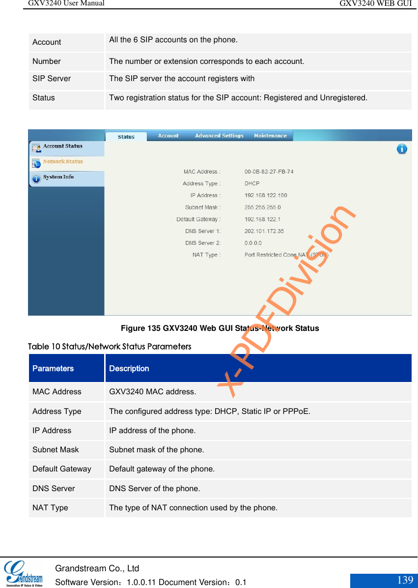 GXV3240 User Manual GXV3240 WEB GUI   Grandstream Co., Ltd  Software Version：1.0.0.11 Document Version：0.1 139  Account   All the 6 SIP accounts on the phone.   Number   The number or extension corresponds to each account. SIP Server The SIP server the account registers with   Status   Two registration status for the SIP account: Registered and Unregistered.               Figure 135 GXV3240 Web GUI Status-Network Status Table 10 Status/Network Status Parameters Parameters Description MAC Address  GXV3240 MAC address. Address Type  The configured address type: DHCP, Static IP or PPPoE.  IP Address  IP address of the phone.  Subnet Mask  Subnet mask of the phone.  Default Gateway  Default gateway of the phone.  DNS Server  DNS Server of the phone.  NAT Type  The type of NAT connection used by the phone.  x-PDFDivision