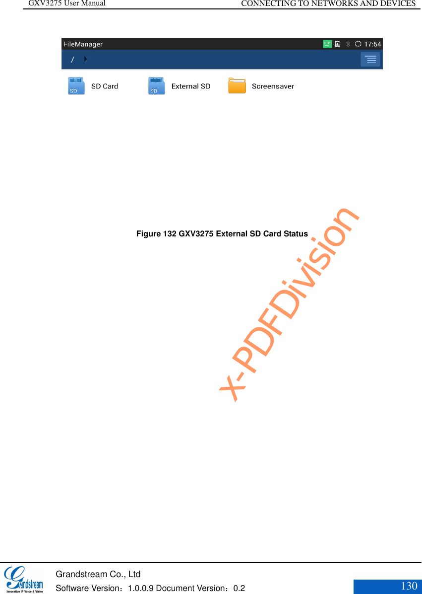 GXV3275 User Manual CONNECTING TO NETWORKS AND DEVICES   Grandstream Co., Ltd  Software Version：1.0.0.9 Document Version：0.2 130   Figure 132 GXV3275 External SD Card Status x-PDFDivision