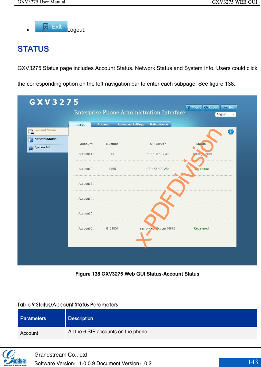 GXV3275 User Manual GXV3275 WEB GUI   Grandstream Co., Ltd  Software Version：1.0.0.9 Document Version：0.2 143   Logout. STATUS   GXV3275 Status page includes Account Status. Network Status and System Info. Users could click the corresponding option on the left navigation bar to enter each subpage. See figure 138.  Figure 138 GXV3275 Web GUI Status-Account Status   Table 9 Status/Account Status Parameters Parameters Description Account   All the 6 SIP accounts on the phone.   x-PDFDivision