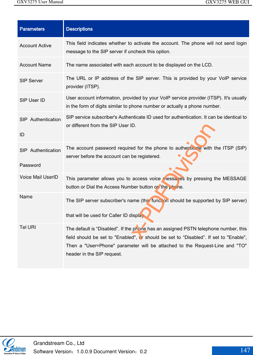 GXV3275 User Manual GXV3275 WEB GUI   Grandstream Co., Ltd  Software Version：1.0.0.9 Document Version：0.2 147  Parameters Descriptions Account Active   This field indicates whether  to  activate the  account. The phone will not  send  login message to the SIP server if uncheck this option.   Account Name   The name associated with each account to be displayed on the LCD.   SIP Server   The  URL  or  IP  address  of  the  SIP  server.  This  is  provided  by  your  VoIP  service provider (ITSP).   SIP User ID   User account information, provided by your VoIP service provider (ITSP). It&apos;s usually in the form of digits similar to phone number or actually a phone number.   SIP  Authentication ID   SIP service subscriber&apos;s Authenticate ID used for authentication. It can be identical to or different from the SIP User ID.   SIP  Authentication Password   The  account  password  required  for  the  phone  to  authenticate  with  the  ITSP  (SIP) server before the account can be registered.   Voice Mail UserID    This  parameter  allows  you  to  access  voice  messages  by  pressing  the  MESSAGE button or Dial the Access Number button on the phone.  Name    The SIP server subscriber&apos;s name (this function should be supported by SIP server) that will be used for Caller ID display. Tel URI    The default is “Disabled”. If the phone has an assigned PSTN telephone number, this field should be set to  &quot;Enabled&quot;, or should  be set to  “Disabled”. If set to &quot;Enable&quot;, Then  a  &quot;User=Phone&quot;  parameter  will  be  attached  to  the  Request-Line  and  &quot;TO&quot; header in the SIP request.     x-PDFDivision