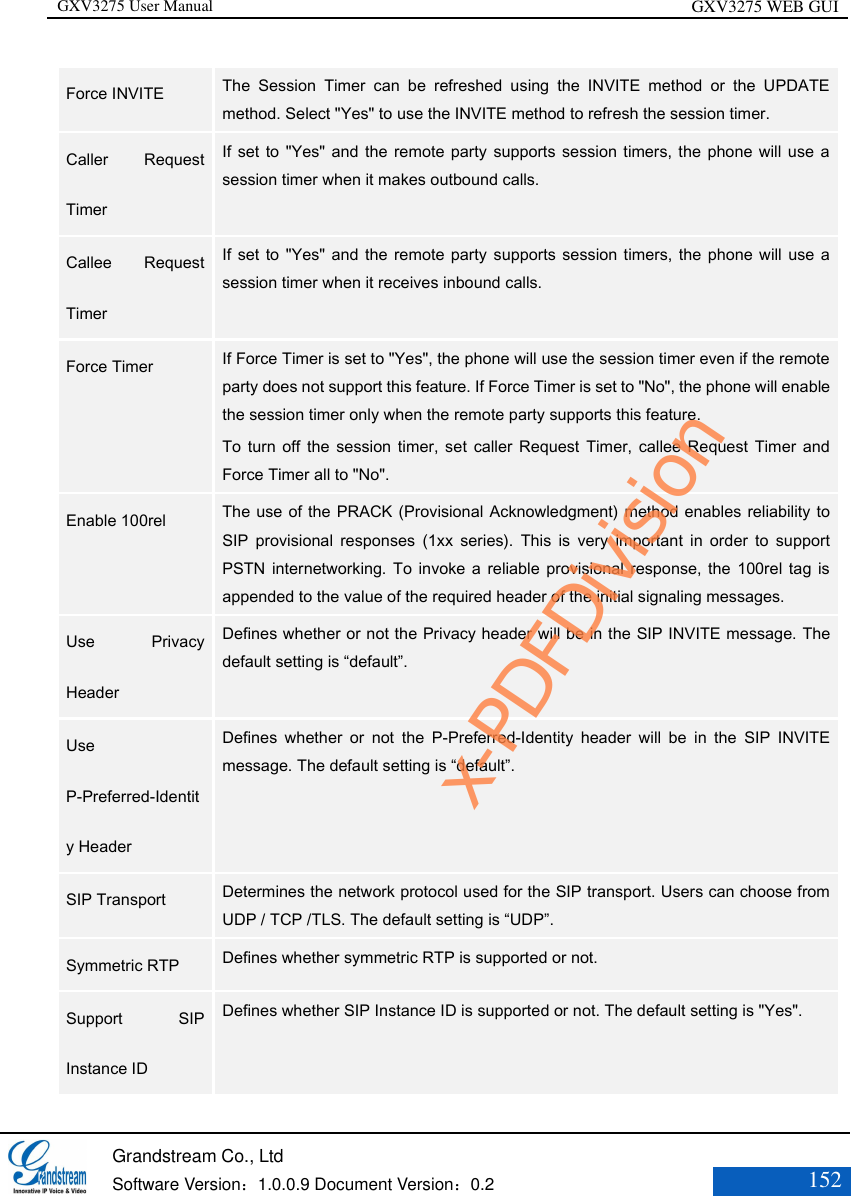 GXV3275 User Manual GXV3275 WEB GUI   Grandstream Co., Ltd  Software Version：1.0.0.9 Document Version：0.2 152  Force INVITE  The  Session  Timer  can  be  refreshed  using  the  INVITE  method  or  the  UPDATE method. Select &quot;Yes&quot; to use the INVITE method to refresh the session timer.  Caller  Request Timer  If set to &quot;Yes&quot; and the remote party supports  session timers, the  phone will use a session timer when it makes outbound calls.  Callee  Request Timer  If set to &quot;Yes&quot; and the remote party supports  session timers, the phone  will use a session timer when it receives inbound calls. Force Timer  If Force Timer is set to &quot;Yes&quot;, the phone will use the session timer even if the remote party does not support this feature. If Force Timer is set to &quot;No&quot;, the phone will enable the session timer only when the remote party supports this feature.   To turn off the session timer, set  caller Request Timer, callee Request  Timer  and Force Timer all to &quot;No&quot;.   Enable 100rel  The use of the PRACK (Provisional Acknowledgment) method enables reliability to SIP  provisional  responses  (1xx  series).  This  is  very  important  in  order  to  support PSTN  internetworking.  To invoke a  reliable  provisional  response,  the 100rel tag is appended to the value of the required header of the initial signaling messages.  Use  Privacy Header Defines whether or not the Privacy header will be in the SIP INVITE message. The default setting is “default”. Use P-Preferred-Identity Header Defines  whether  or  not  the  P-Preferred-Identity  header  will  be  in  the  SIP  INVITE message. The default setting is “default”. SIP Transport  Determines the network protocol used for the SIP transport. Users can choose from UDP / TCP /TLS. The default setting is “UDP”. Symmetric RTP  Defines whether symmetric RTP is supported or not.  Support  SIP Instance ID  Defines whether SIP Instance ID is supported or not. The default setting is &quot;Yes&quot;.   x-PDFDivision