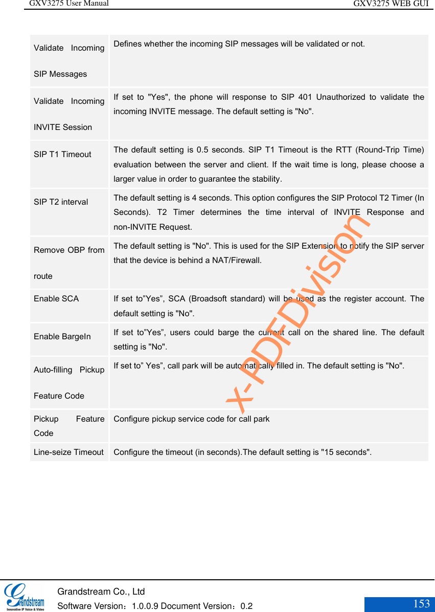 GXV3275 User Manual GXV3275 WEB GUI   Grandstream Co., Ltd  Software Version：1.0.0.9 Document Version：0.2 153  Validate  Incoming SIP Messages  Defines whether the incoming SIP messages will be validated or not.   Validate  Incoming INVITE Session   If  set  to  &quot;Yes&quot;,  the  phone  will  response  to  SIP  401  Unauthorized  to  validate  the incoming INVITE message. The default setting is &quot;No&quot;. SIP T1 Timeout  The default setting is 0.5  seconds.  SIP  T1  Timeout  is the  RTT  (Round-Trip  Time) evaluation between the server and client. If the wait time  is long, please choose a larger value in order to guarantee the stability. SIP T2 interval  The default setting is 4 seconds. This option configures the SIP Protocol T2 Timer (In Seconds).  T2  Timer  determines  the  time  interval  of  INVITE  Response  and non-INVITE Request. Remove OBP from route  The default setting is &quot;No&quot;. This is used for the SIP Extension to notify the SIP server that the device is behind a NAT/Firewall. Enable SCA If set to”Yes”, SCA (Broadsoft  standard) will be  used as the register  account.  The default setting is &quot;No&quot;. Enable BargeIn If  set  to”Yes”,  users  could  barge  the  current  call  on  the  shared  line.  The  default setting is &quot;No&quot;. Auto-filling  Pickup Feature Code If set to” Yes”, call park will be automatically filled in. The default setting is &quot;No&quot;. Pickup  Feature Code Configure pickup service code for call park Line-seize Timeout Configure the timeout (in seconds).The default setting is &quot;15 seconds&quot;.  x-PDFDivision