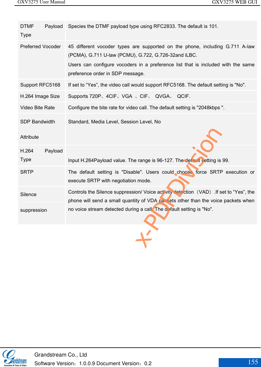 GXV3275 User Manual GXV3275 WEB GUI   Grandstream Co., Ltd  Software Version：1.0.0.9 Document Version：0.2 155  DTMF  Payload Type  Species the DTMF payload type using RFC2833. The default is 101. Preferred Vocoder  45  different  vocoder  types  are  supported  on  the  phone,  including  G.711  A-law (PCMA), G.711 U-law (PCMU), G.722, G.726-32and iLBC.   Users  can  configure  vocoders  in  a  preference  list  that  is  included  with  the  same preference order in SDP message.   Support RFC5168 If set to “Yes”, the video call would support RFC5168. The default setting is &quot;No&quot;. H.264 Image Size Supports 720P、4CIF、VGA  、CIF、  QVGA、  QCIF. Video Bite Rate Configure the bite rate for video call. The default setting is &quot;2048kbps &quot;. SDP Bandwidth Attribute Standard, Media Level, Session Level, No H.264  Payload Type  Input H.264Payload value. The range is 96-127. The default setting is 99. SRTP The  default  setting  is  &quot;Disable&quot;.  Users  could  choose  force  SRTP  execution  or execute SRTP with negotiation mode. Silence suppression Controls the Silence suppression/ Voice activity detection（VAD）.If set to “Yes”, the phone will send a small quantity of VDA packets other than the voice packets when no voice stream detected during a call. The default setting is &quot;No&quot;.  x-PDFDivision