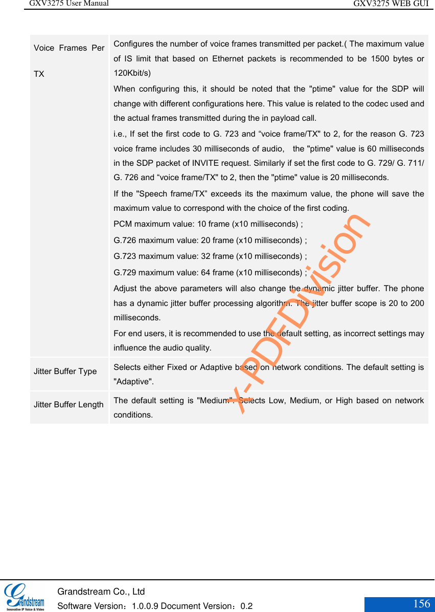 GXV3275 User Manual GXV3275 WEB GUI   Grandstream Co., Ltd  Software Version：1.0.0.9 Document Version：0.2 156  Voice  Frames  Per TX  Configures the number of voice frames transmitted per packet.( The maximum value of  IS  limit  that  based  on  Ethernet  packets  is  recommended  to  be  1500  bytes  or 120Kbit/s) When  configuring  this,  it  should  be  noted  that  the  &quot;ptime&quot;  value  for  the  SDP  will change with different configurations here. This value is related to the codec used and the actual frames transmitted during the in payload call.   i.e., If set the first code to G. 723 and “voice frame/TX&quot; to 2, for the reason G. 723 voice frame includes 30 milliseconds of audio,    the &quot;ptime&quot; value is 60 milliseconds in the SDP packet of INVITE request. Similarly if set the first code to G. 729/ G. 711/ G. 726 and “voice frame/TX&quot; to 2, then the &quot;ptime&quot; value is 20 milliseconds. If the  &quot;Speech frame/TX” exceeds  its the  maximum  value, the phone will  save the maximum value to correspond with the choice of the first coding. PCM maximum value: 10 frame (x10 milliseconds) ; G.726 maximum value: 20 frame (x10 milliseconds) ; G.723 maximum value: 32 frame (x10 milliseconds) ; G.729 maximum value: 64 frame (x10 milliseconds) ; Adjust the above parameters will also  change the dynamic jitter  buffer. The phone has a dynamic jitter buffer processing algorithm. The jitter buffer scope is 20 to 200 milliseconds. For end users, it is recommended to use the default setting, as incorrect settings may influence the audio quality.   Jitter Buffer Type  Selects either Fixed or Adaptive based on network conditions. The default setting is &quot;Adaptive&quot;.  Jitter Buffer Length  The  default  setting  is  &quot;Medium&quot;.  Selects Low,  Medium,  or  High  based  on  network conditions.    x-PDFDivision