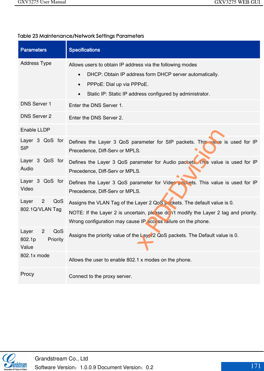 GXV3275 User Manual GXV3275 WEB GUI   Grandstream Co., Ltd  Software Version：1.0.0.9 Document Version：0.2 171   Table 23 Maintenance/Network Settings Parameters Parameters Specifications Address Type    Allows users to obtain IP address via the following modes  DHCP: Obtain IP address form DHCP server automatically.    PPPoE: Dial up via PPPoE.    Static IP: Static IP address configured by administrator. DNS Server 1   Enter the DNS Server 1. DNS Server 2   Enter the DNS Server 2.   Enable LLDP  Layer  3  QoS  for SIP   Defines  the  Layer  3  QoS  parameter  for  SIP  packets.  This  value  is  used  for  IP Precedence, Diff-Serv or MPLS.   Layer  3  QoS  for Audio   Defines  the  Layer  3  QoS  parameter  for  Audio  packets.  This  value  is  used  for  IP Precedence, Diff-Serv or MPLS.   Layer  3  QoS  for Video   Defines  the  Layer  3  QoS  parameter  for  Video  packets.  This  value  is  used  for  IP Precedence, Diff-Serv or MPLS.   Layer  2  QoS 802.1Q/VLAN Tag   Assigns the VLAN Tag of the Layer 2 QoS packets. The default value is 0.   NOTE: If the Layer 2 is uncertain, please don’t modify the Layer 2 tag and priority. Wrong configuration may cause IP access failure on the phone. Layer  2  QoS 802.1p  Priority Value   Assigns the priority value of the Layer2 QoS packets. The Default value is 0.   802.1x mode   Allows the user to enable 802.1 x modes on the phone.   Procy   Connect to the proxy server.  x-PDFDivision