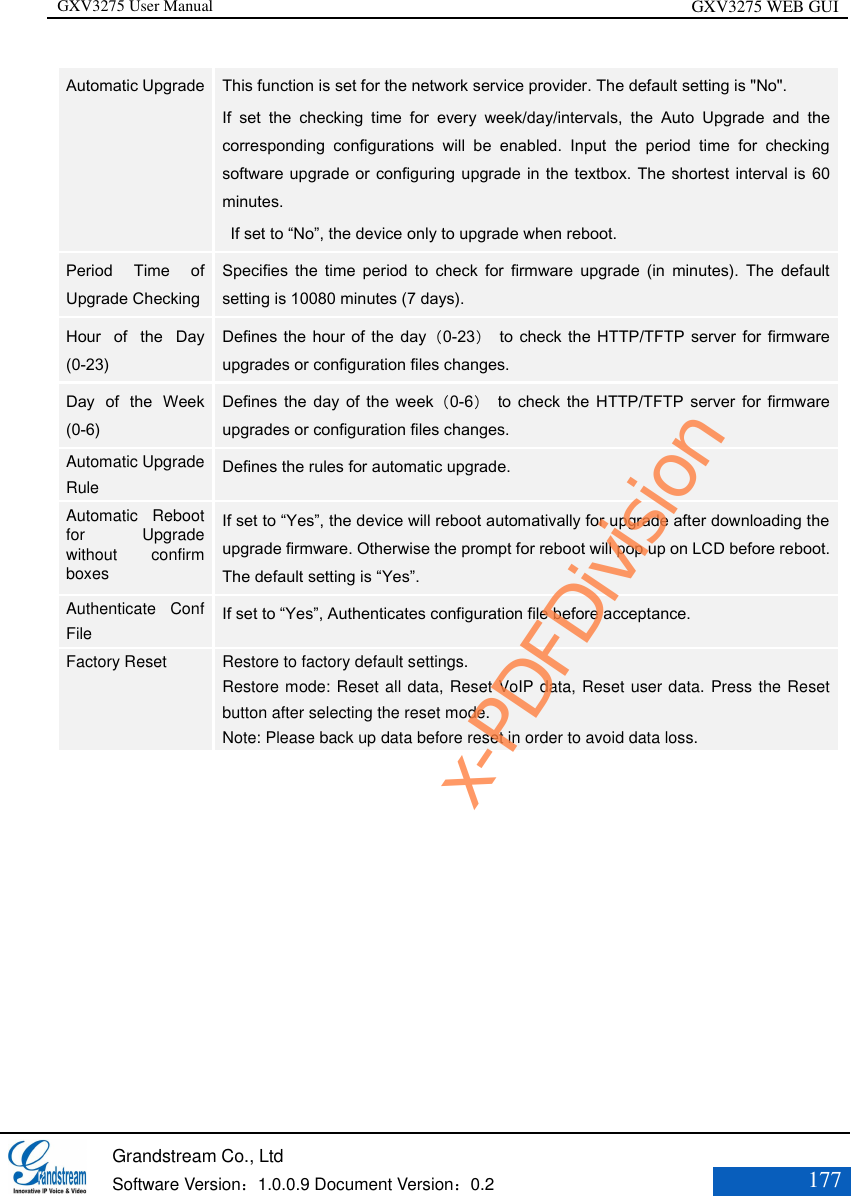 GXV3275 User Manual GXV3275 WEB GUI   Grandstream Co., Ltd  Software Version：1.0.0.9 Document Version：0.2 177  Automatic Upgrade    This function is set for the network service provider. The default setting is &quot;No&quot;.   If  set  the  checking  time  for  every  week/day/intervals,  the  Auto  Upgrade  and  the corresponding  configurations  will  be  enabled.  Input  the  period  time  for  checking software upgrade or configuring upgrade in the textbox. The shortest interval is 60 minutes.   If set to “No”, the device only to upgrade when reboot. Period  Time  of Upgrade Checking   Specifies  the  time  period  to  check  for  firmware  upgrade  (in  minutes).  The  default setting is 10080 minutes (7 days).   Hour  of  the  Day (0-23)   Defines the hour of the  day（0-23）  to  check the HTTP/TFTP  server for firmware upgrades or configuration files changes.  Day  of  the  Week (0-6)   Defines  the  day  of the week（0-6）  to  check  the HTTP/TFTP  server  for  firmware upgrades or configuration files changes.   Automatic Upgrade Rule   Defines the rules for automatic upgrade.   Automatic  Reboot for  Upgrade without  confirm boxes If set to “Yes”, the device will reboot automativally for upgrade after downloading the upgrade firmware. Otherwise the prompt for reboot will pop up on LCD before reboot. The default setting is “Yes”. Authenticate  Conf File   If set to “Yes”, Authenticates configuration file before acceptance.   Factory Reset   Restore to factory default settings. Restore mode: Reset all data, Reset VoIP data, Reset user data. Press the Reset button after selecting the reset mode. Note: Please back up data before reset in order to avoid data loss.  x-PDFDivision