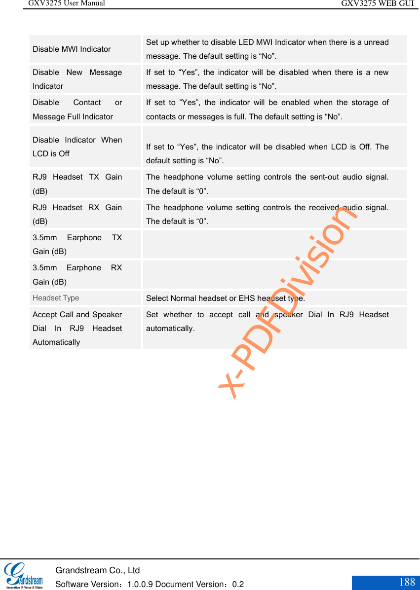 GXV3275 User Manual GXV3275 WEB GUI   Grandstream Co., Ltd  Software Version：1.0.0.9 Document Version：0.2 188  Disable MWI Indicator Set up whether to disable LED MWI Indicator when there is a unread message. The default setting is “No”. Disable  New  Message Indicator If  set  to  “Yes”,  the  indicator  will  be  disabled  when  there  is  a  new message. The default setting is “No”. Disable  Contact  or Message Full Indicator If  set  to  “Yes”,  the  indicator  will  be  enabled  when  the  storage  of contacts or messages is full. The default setting is “No”. Disable  Indicator  When LCD is Off  If set  to “Yes”,  the indicator will be disabled when  LCD  is Off.  The default setting is “No”. RJ9  Headset  TX  Gain (dB) The  headphone  volume  setting  controls  the  sent-out  audio  signal. The default is “0”. RJ9  Headset  RX  Gain (dB) The  headphone  volume  setting  controls the  received  audio  signal. The default is “0”. 3.5mm  Earphone  TX Gain (dB)  3.5mm  Earphone  RX Gain (dB)  Headset Type Select Normal headset or EHS headset type. Accept Call and Speaker Dial  In  RJ9  Headset Automatically Set  whether  to  accept  call  and  speaker  Dial  In  RJ9  Headset automatically. x-PDFDivision