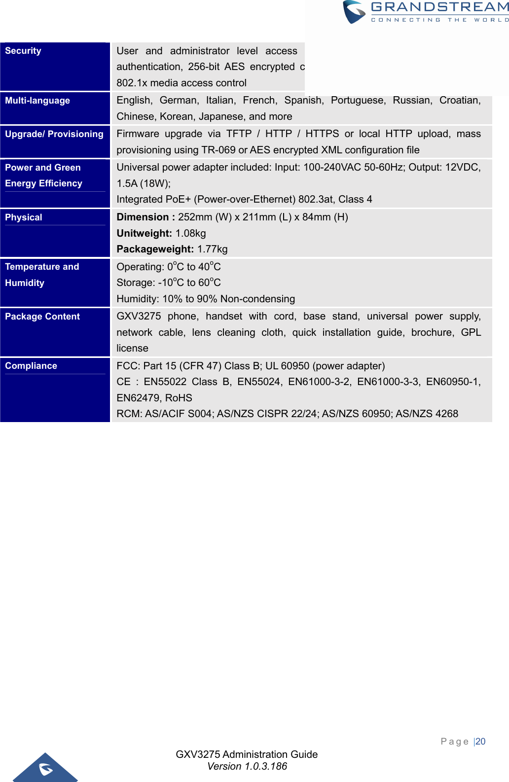 GXV3275 Administration Guide Version 1.0.3.186 Page |20  Security  User and administrator level access control, MD5 and MD5-sess based authentication, 256-bit AES encrypted configuration file, TLS, SRTP, HTTPS, 802.1x media access control Multi-language  English, German, Italian, French, Spanish, Portuguese, Russian, Croatian, Chinese, Korean, Japanese, and more Upgrade/ Provisioning  Firmware upgrade via TFTP / HTTP / HTTPS or local HTTP upload, mass provisioning using TR-069 or AES encrypted XML configuration file Power and Green Energy Efficiency Universal power adapter included: Input: 100-240VAC 50-60Hz; Output: 12VDC, 1.5A (18W); Integrated PoE+ (Power-over-Ethernet) 802.3at, Class 4 Physical  Dimension : 252mm (W) x 211mm (L) x 84mm (H) Unitweight: 1.08kg Packageweight: 1.77kg Temperature and Humidity Operating: 0oC to 40oC Storage: -10oC to 60oC Humidity: 10% to 90% Non-condensing Package Content  GXV3275 phone, handset with cord, base stand, universal power supply, network cable, lens cleaning cloth, quick installation guide, brochure, GPL license Compliance  FCC: Part 15 (CFR 47) Class B; UL 60950 (power adapter) CE : EN55022 Class B, EN55024, EN61000-3-2, EN61000-3-3, EN60950-1, EN62479, RoHS RCM: AS/ACIF S004; AS/NZS CISPR 22/24; AS/NZS 60950; AS/NZS 4268              