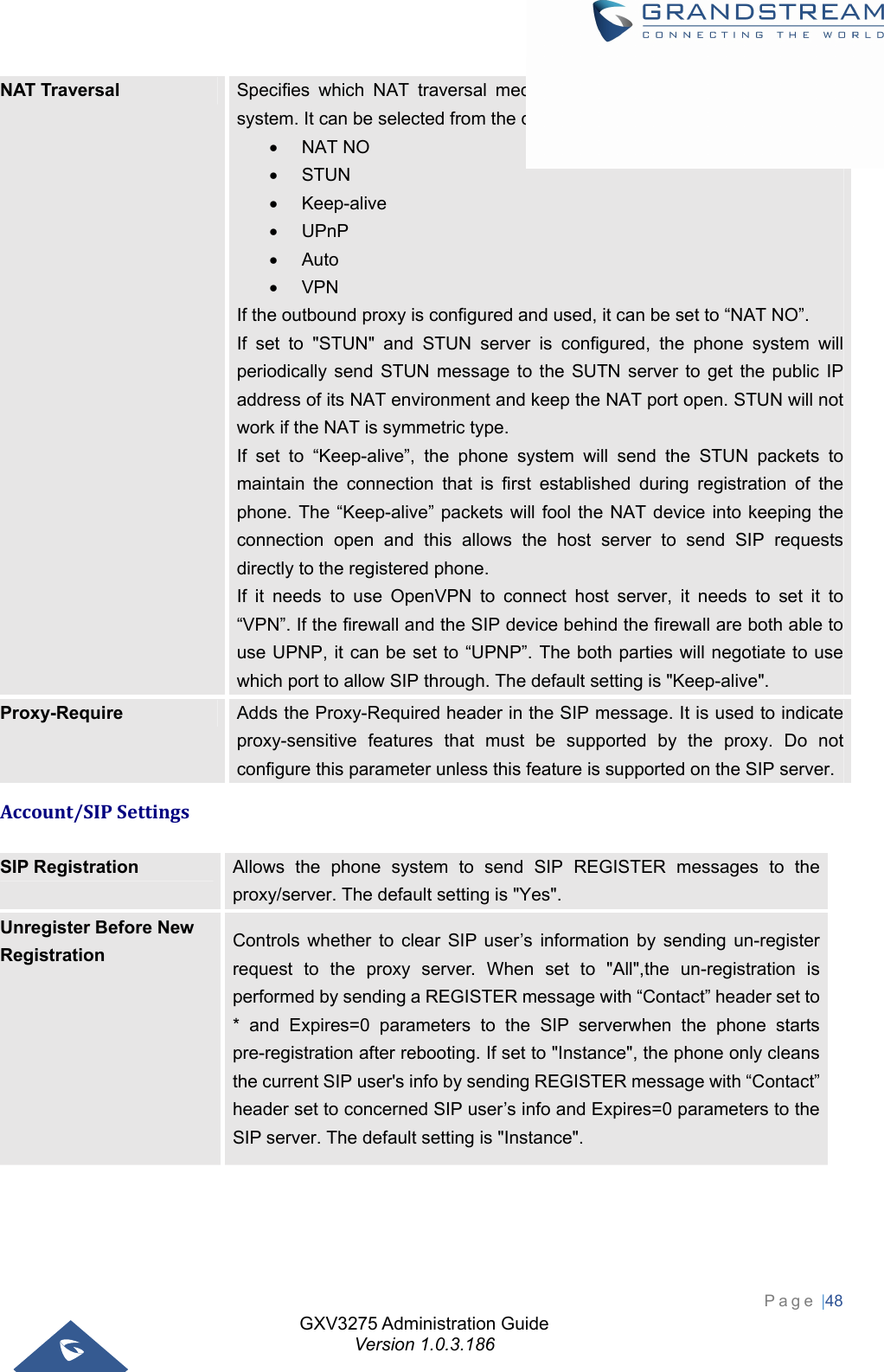 GXV3275 Administration Guide Version 1.0.3.186 Page |48  NAT Traversal  Specifies which NAT traversal mechanism will be enabled on the phone system. It can be selected from the dropdown list:  NAT NO  STUN  Keep-alive  UPnP  Auto  VPN If the outbound proxy is configured and used, it can be set to “NAT NO”. If set to &quot;STUN&quot; and STUN server is configured, the phone system will periodically send STUN message to the SUTN server to get the public IP address of its NAT environment and keep the NAT port open. STUN will not work if the NAT is symmetric type. If set to “Keep-alive”, the phone system will send the STUN packets to maintain the connection that is first established during registration of the phone. The “Keep-alive” packets will fool the NAT device into keeping the connection open and this allows the host server to send SIP requests directly to the registered phone. If it needs to use OpenVPN to connect host server, it needs to set it to “VPN”. If the firewall and the SIP device behind the firewall are both able to use UPNP, it can be set to “UPNP”. The both parties will negotiate to use which port to allow SIP through. The default setting is &quot;Keep-alive&quot;. Proxy-Require  Adds the Proxy-Required header in the SIP message. It is used to indicate proxy-sensitive features that must be supported by the proxy. Do not configure this parameter unless this feature is supported on the SIP server. Account/SIPSettingsSIP Registration  Allows the phone system to send SIP REGISTER messages to the proxy/server. The default setting is &quot;Yes&quot;. Unregister Before New Registration  Controls whether to clear SIP user’s information by sending un-register request to the proxy server. When set to &quot;All&quot;,the un-registration is performed by sending a REGISTER message with “Contact” header set to * and Expires=0 parameters to the SIP serverwhen the phone starts pre-registration after rebooting. If set to &quot;Instance&quot;, the phone only cleans the current SIP user&apos;s info by sending REGISTER message with “Contact” header set to concerned SIP user’s info and Expires=0 parameters to the SIP server. The default setting is &quot;Instance&quot;. 